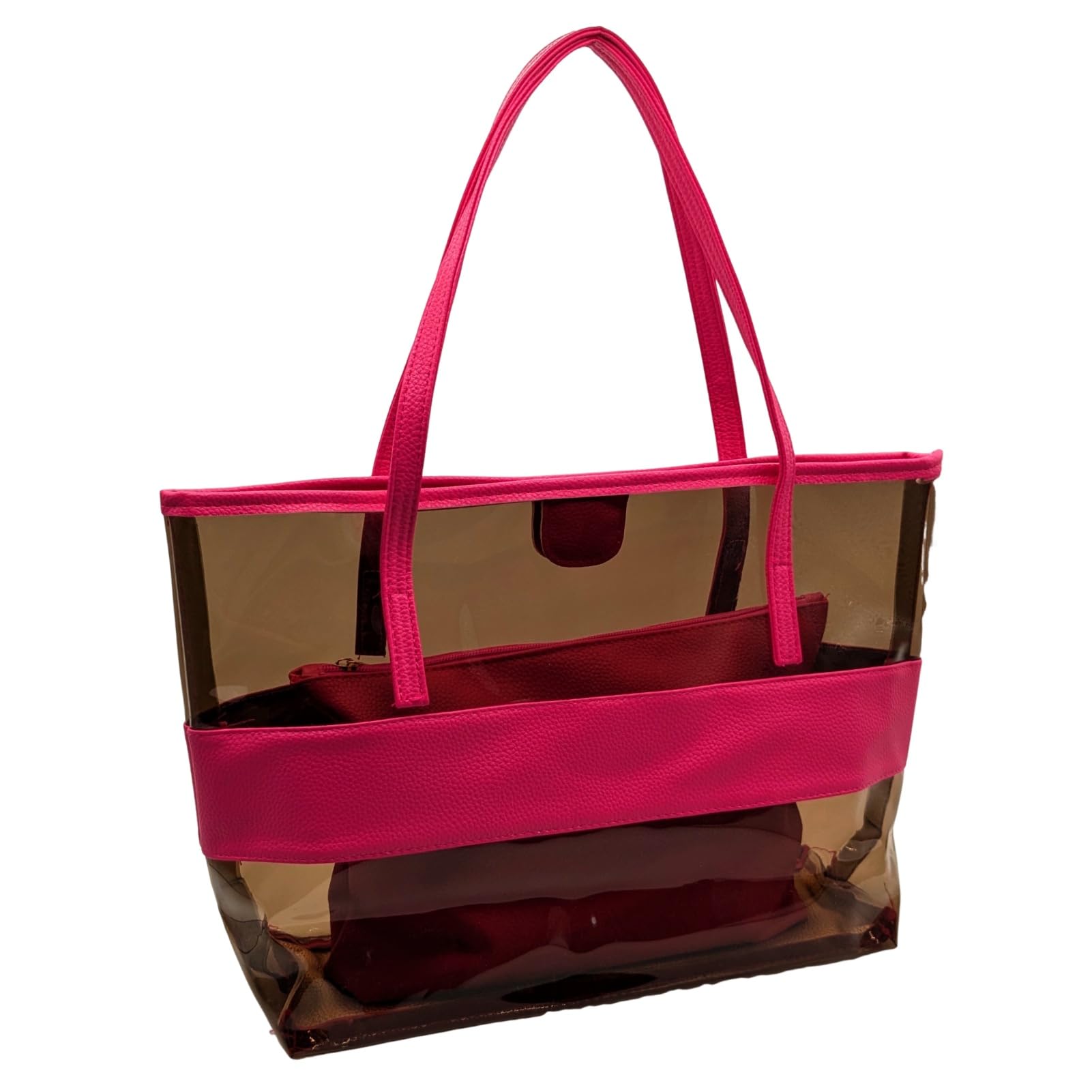 【送料無料】[APOSITV] クリアバック 透明バック ビニール トート ポーチ付き 2way 肩掛け バック pvc 色：ダークピンク、サイズ：27 cm x 32 cm x 10 cm