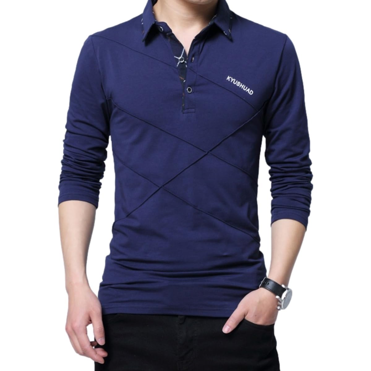 【送料無料】[Lopis] ポロシャツ メンズ 長袖 襟付き トップス おしゃれ 大人 無地 ビジネス カジュアル ゴルフウェア 大きいサイズ 着心地 快適 色：ネイビー、サイズ：L