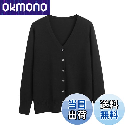 【送料無料】[Blostirno] カーディガン レディース Vネック ニット 綿 無地 厚手 オフィス ゆったり 春秋 (ブラック, M)