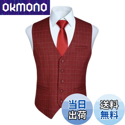 【送料無料】[HISDERN] スーツ ベスト メンズ チェック柄 レッド 5ボダン 3ポケット スリム Vネック 尾錠付き ビジネス 結婚式 ジレベスト フィット サイズXS VC-02