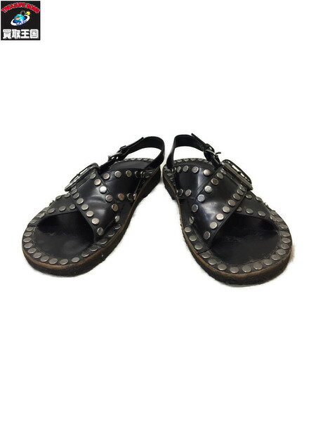 PRADA クロスストラップ スタッズ ラバーソール レザーサンダル 6 1/2 ブラック【中古】[▼]