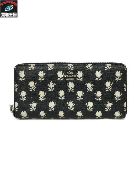 COACH /52777/ラウンドジップウォレット/黒花柄【中古】[▼]