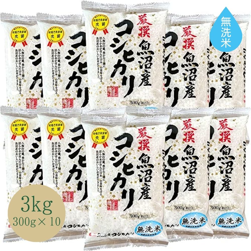 魚沼産コシヒカリ 無洗米 お米 【 新潟県 魚沼産コシヒカリ 】 3kg (300g(2合)x10) 2合パック 米 3キロ 令和5年産 おこめ コメ 魚沼 白米 魚沼産こしひかり 新潟こしひかり 新潟米 米3kg お米3キロ ブランド米 高級 キャンプ ギフト お中元 送料無料 内祝い