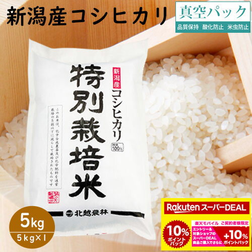 スーパーDEAL10%ポイントバック新潟産コシヒカリ特別栽培米5kg(5kg×1袋) 真空パック 令和5年産米 5kg 送料無料 こしひかり 新潟 白米 精米 北越農林