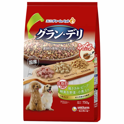 Premium - ユニチャーム ラン・デリ ふっくら仕立て低脂肪 鶏ささみ・ビーフ・緑黄色野菜・小魚・角切りビーフ粒入り 750g【ユニ・チャーム Unicharm】