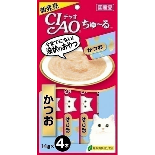 【いなばCIAO ちゅ〜る かつお 14g×4本 SC-72 の商品説明】 ・今までにない、舐めて食べられる液状おやつ！ ・猫ちゃんの大好きなかつおペースト！ ・ドライフードにかけてもおいしく食べられます。 ・1本14gの食べきりサイズなので、食べ残しがなくお出かけ時にも最適です。 ・パッケージからちゅ〜っと出して、猫ちゃんがペロペロなめて楽しめます。 ・緑茶消臭成分を配合しているため、緑茶エキスが腸管内のニオイを吸着し、糞・尿臭を和らげます。 ・保存料は使用していません。 【機能】 おやつ 【ライフステージ】 成猫 【内容量】 14g×4袋 【原材料】 かつお、かつお節エキス、糖類（オリゴ糖等）、植物性油脂、増粘多糖類、調味料（アミノ酸等）、ビタミンE、緑茶エキス、紅麹色素、カロテノイド色素 【保証成分】 粗タンパク質・・・7.0％以上 粗脂肪・・・0.2％以上 粗繊維・・・0.1％以下 粗灰分・・・1.5%以下 水分・・・91.0％以下 【エネルギー】 約7kcal/本 【原産国】 日本 【問い合わせ先】 いなばペットフード 421-3104 静岡県静岡市清水区由比北田114-1 0120-178390 関連商品 ちゅ〜る まぐろ味 ちゅ〜る ささみ味 その他 【いなばペットフード】 その他 【猫用おやつ 】