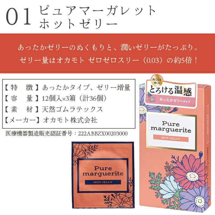 【送料無料】大容量 女性に選ばれるおしゃれなコンドーム 12個×3箱 計36個 01 ピュアマーガレット ホット / 02 ピュアマーガレット エクストラ / 03 ピュアマーガレット ケアリング / 04 ベネトン / 05 グラマラスバタフライ モイスト / 06 グラマラスバタフライ ホット 2