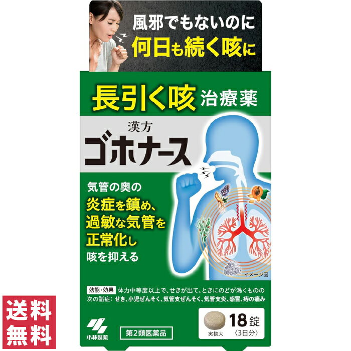 長引く咳治療薬 気管の奥の炎症を鎮め、過敏な気管を正常化し咳を抑える ※風邪等が治っても咳が長引く方の医薬品です。喘鳴、呼吸困難を感じる場合は本品を使用せず、医師の診察を受けてください。 【商品名】 ゴホナース 【内容量】 18錠 【効能・効果】 体力中等度以上で、せきが出て、ときにのどが渇くものの次の諸症: せき、小児ぜんそく、気管支ぜんそく、気管支炎、感冒、痔の痛み 【用法・用量】 大人(15才以上)1回3錠、1日2回食前又は食間に水又はお湯で服用してください (15才未満は服用しないこと) ●食間とは「食事と食事の間」を意味し、食後約2~3時間のことをいいます 【用法・用量に関連する注意】 定められた用法・用量を厳守すること 【成分】 1日量(6錠)中 麻杏甘石湯エキス 800mg マオウ 2.0g、カンゾウ 1.0g、キョウニン 2.0g、セッコウ 5.0gより抽出 添加物として、二酸化ケイ素、クロスCMC-Na、タルク、ステアリン酸Mg、セルロースを含有する ●本剤は天然物(生薬)を用いているため、錠剤の色が多少異なることがあります 【ご使用上の注意】 ■■相談すること■■ 1.次の人は服用前に医師、薬剤師又は登録販売者に相談すること (1)医師の治療を受けている人 (2)妊婦又は妊娠していると思われる人 (3)体の虚弱な人(体力の衰えている人、体の弱い人) (4)胃腸の弱い人 (5)発汗傾向の著しい人 (6)高齢者 (7)次の症状のある人:むくみ、排尿困難 (8)次の診断を受けた人:高血圧、心臓病、腎臓病、甲状腺機能障害 2.服用後、次の症状があらわれた場合は副作用の可能性があるので、直ちに服用を中止し、この箱を持って医師、薬剤師又は登録販売者に相談すること 関係部位:皮ふ 症状:発疹・発赤、かゆみ 関係部位:消化器 症状:吐き気、食欲不振、胃部不快感 まれに下記の重篤な症状が起こることがある。その場合は直ちに医師の診療を受けること 症状の名称:偽アルドステロン症、ミオパチー 症状:手足のだるさ、しびれ、つっぱり感やこわばりに加えて、脱力感、筋肉痛があらわれ、徐々に強くなる 3.1ヶ月位(感冒に服用する場合には5〜6日間)服用しても症状がよくならない場合は服用を中止し、この箱を持って医師、薬剤師又は登録販売者に相談すること 4.長期連用する場合には、医師、薬剤師又は登録販売者に相談すること 【保管及び取扱いの注意】 (1)直射日光の当たらない湿気の少ない涼しい所に保管すること (2)小児の手の届かない所に保管すること (3)他の容器に入れ替えないこと(誤用の原因になったり品質が変わる) 【その他の添付文書記載内容】 風邪等が治っても咳が長引く方の医薬品です。喘鳴、呼吸困難を感じる場合は本品を使用せず、医師の診察を受けてください。 【区分】 第2類医薬部外品 【お問い合わせ先】 小林製薬株式会社 お客様相談室 〒541-0045 大阪市中央区道修町4-4-10 TEL：0120-5884-01 / 受付時間 9:00〜17:00(土日祝を除く) 当店で実際に売れている商品はこちら！ 買い忘れはありませんか？季節のおすすめ商品。 楽天スーパーセール・お買いものマラソンの買い回りでポイント10倍！ 最短お届け 追跡可"安心の"宅配便へ変更するなら、 よくお問い合わせいただく内容をまとめました。