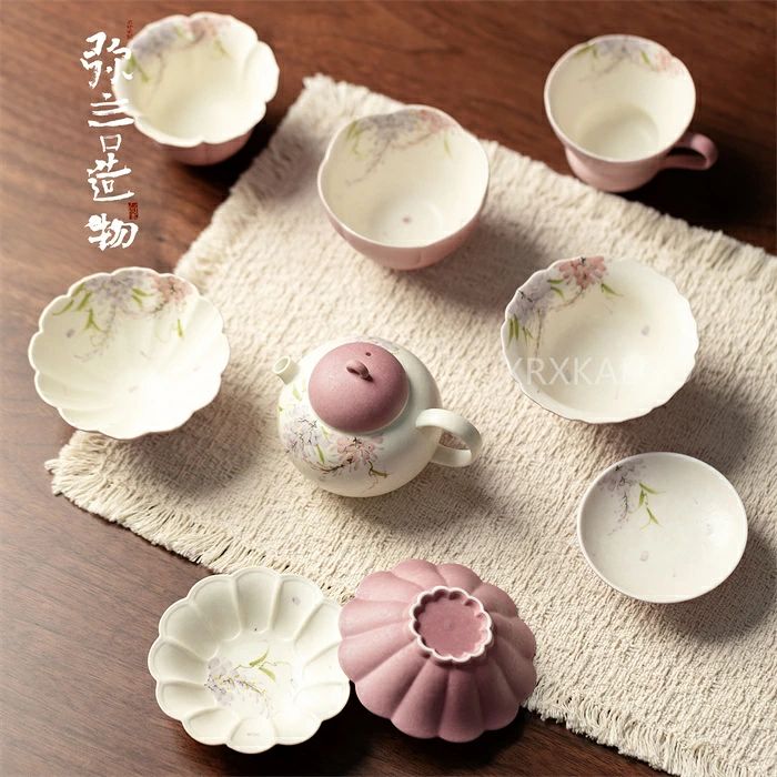 プレゼント おしゃれ 茶道具 可愛い 来客用 結婚祝い 新築祝い 茶皿 手描き藤の花柄 ティーポット 急須 小茶碗ティーカップ ピ