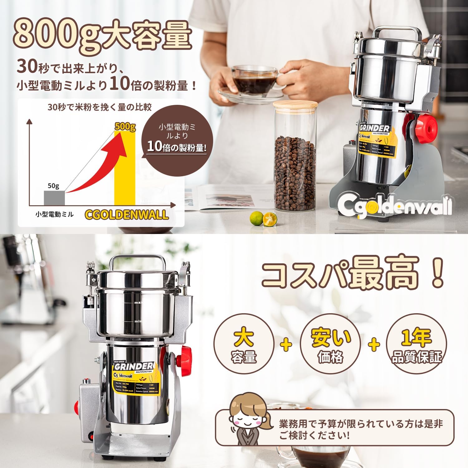 OKTの業務用 穀物用ミル 電動粉砕機 1分間に微粉末?ハイパワー 穀類/生薬/スパイス/こー スイング型 蓋開けたら作業停止?安全｜アングル2