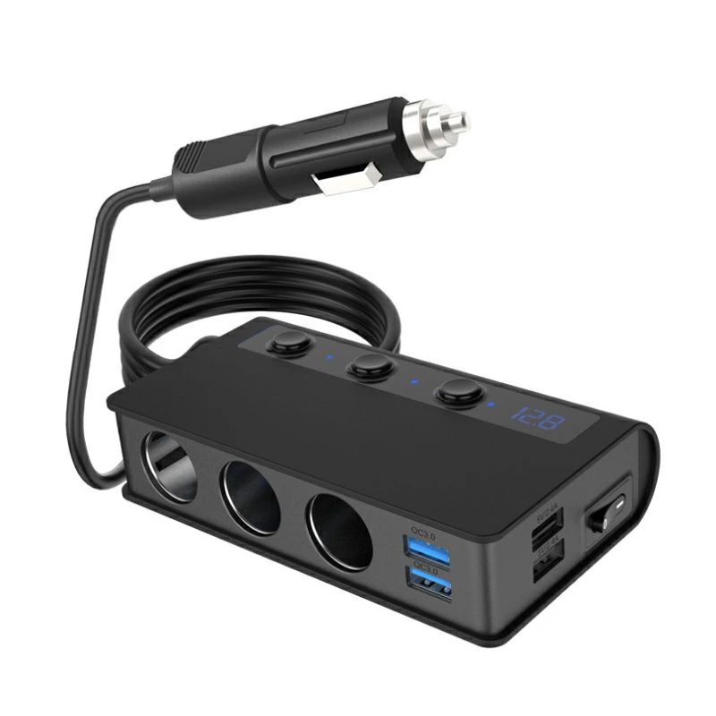 【商品詳細】 商品サイズ：画像をご参照下さい 材質：ABS+PC(ポリカーボネート) 電力：100W 入力電圧：DC12V / 24V USB出力電圧：DC5V 出力電流：3.1A 【商品特性】 耐久性や耐熱性に優れた超高強度素材ボディ 一般車12V-トラックなど24Vまで全車種に対応 PTCチップ技術を採用しているので、 電流、電圧をコントロールし、過充電や過負荷を防ぎます。 安全保護：過充電/過熱/ショート/過大な放電電流/過大な放電電圧/オーバーパワーを防ぐ ハイパワー：ドライブレコーダー/車載掃除機/携帯電話/空気清浄機/車用冷蔵庫/タブレットに応用できる独立スイッチが付いているので、 わざわざケーブルを抜く必要がなく、スイッチでON/OFFが可能 【商品機能】 【3連ソケット+四つUSBポート】 3連シガーライター分配器 、同時に車載用FMトランスミッター、カーナビ、加湿器など、車内の様々な設備を対応できます。 【3つの独立したスイッチ設計】 本製品には3つの独立したスイッチがあって、各ソケットは独立スイッチが付いて、オンの状況なら、ライトが光ります、夜にも使用便利です。使用してない時、スイッチをオフしていいです、わざと製品を抜く必要がない、車の電力浪費もないまだは、4USBポートが付きます、同時に充電できる。 ディスプレー部にはマルチデジタル計内臓 ・入力電圧計（車両の電圧） ・出力電圧計（接続した機器への供給電圧） ・電流計（接続した機器への供給電流） 【適用対象】 3連 増設 延長 充電 変換 急速充電 車載充電器 カー 車 充電器 電源 車載 自動車 車内泊 カー用品 便利グッズ 車 車載用品 防災グッズ 電源 スマホ充電器 【注意事項】 ここに記載された注意事項は使用者や周りの方への危害損害を防止するためのものです。各項目をよくお読みになり必ず守ってご使用ください。 ・本製品を分解したり改造しないでください。 ・感電の危険があるため本体が水などに濡れた状態や濡れた手で使用しないでください。 ・ちいさなお子様の手の届かないところで使用、保管をしてください。 ・本体や付属品を夏場の車内、暖房器具、調理器具など高熱になる環境、また直射日光の当たる環境で使用、保管しないでください。 ・本体の清掃にシンナーなどの有機溶剤を使用しないでください。 ・万が一使用中に煙が出たり異臭を感じた時はすぐに使用を中止してください。 ・本製品を使用、接続する各機器に示された安全情報や定格表示を合わせて確認のうえ使用してください。 ・本製品を使用前には接続機器のデータのバックアップなどを取ることをお勧めいたします。弊社では本製品を使用したことによるデータの消失や故障などの責任を負いかねます。 ※手測りのため、少し誤差がございます。 ※画像はご覧になっているモニター、パソコン等により実際の商品と多少色味が異なる場。 ※本製品は海外輸入品となりますので、パッケージも海外パッケージ(中国/英語表記など)となっている場合がございます。商品及びにパッケージの埃や傷 破損 へこみなどはご容赦ください。 ◆その理由による返品はお受け出来かねますのでご了承くださいませ。 ※受け取り者氏名は会社名または英語名では使用できません、本名で使用しなければなりません。 ※住所不備（番地抜け 集合住宅名 部屋番号）と商品のサイズ不備がございますと発送はストップいたしますのでご注意ください。 ※商品がお手元に届きましたら、商品に不具合が無いかご確認ください。万が一欠陥、不良、違う商品が届いた場合、配送中の事故で商品が壊れたなどの原因で返品、交換のこ希望の場合、必ず商品到着後7日以内にメール/取引メッセージにてこ連絡ください。【商品詳細】 商品サイズ：画像をご参照下さい 材質：ABS+PC(ポリカーボネート) 電力：100W 入力電圧：DC12V / 24V USB出力電圧：DC5V 出力電流：3.1A 【商品特性】 耐久性や耐熱性に優れた超高強度素材ボディ 一般車12V-トラックなど24Vまで全車種に対応 PTCチップ技術を採用しているので、 電流、電圧をコントロールし、過充電や過負荷を防ぎます。 安全保護：過充電/過熱/ショート/過大な放電電流/過大な放電電圧/オーバーパワーを防ぐ ハイパワー：ドライブレコーダー/車載掃除機/携帯電話/空気清浄機/車用冷蔵庫/タブレットに応用できる独立スイッチが付いているので、 わざわざケーブルを抜く必要がなく、スイッチでON/OFFが可能 【商品機能】 【3連ソケット+四つUSBポート】 3連シガーライター分配器 、同時に車載用FMトランスミッター、カーナビ、加湿器など、車内の様々な設備を対応できます。 【3つの独立したスイッチ設計】 本製品には3つの独立したスイッチがあって、各ソケットは独立スイッチが付いて、オンの状況なら、ライトが光ります、夜にも使用便利です。使用してない時、スイッチをオフしていいです、わざと製品を抜く必要がない、車の電力浪費もないまだは、4USBポートが付きます、同時に充電できる。 ディスプレー部にはマルチデジタル計内臓 ・入力電圧計（車両の電圧） ・出力電圧計（接続した機器への供給電圧） ・電流計（接続した機器への供給電流） 【適用対象】 3連 増設 延長 充電 変換 急速充電 車載充電器 カー 車 充電器 電源 車載 自動車 車内泊 カー用品 便利グッズ 車 車載用品 防災グッズ 電源 スマホ充電器 【注意事項】 ここに記載された注意事項は使用者や周りの方への危害損害を防止するためのものです。各項目をよくお読みになり必ず守ってご使用ください。 ・本製品を分解したり改造しないでください。 ・感電の危険があるため本体が水などに濡れた状態や濡れた手で使用しないでください。 ・ちいさなお子様の手の届かないところで使用、保管をしてください。 ・本体や付属品を夏場の車内、暖房器具、調理器具など高熱になる環境、また直射日光の当たる環境で使用、保管しないでください。 ・本体の清掃にシンナーなどの有機溶剤を使用しないでください。 ・万が一使用中に煙が出たり異臭を感じた時はすぐに使用を中止してください。 ・本製品を使用、接続する各機器に示された安全情報や定格表示を合わせて確認のうえ使用してください。 ・本製品を使用前には接続機器のデータのバックアップなどを取ることをお勧めいたします。弊社では本製品を使用したことによるデータの消失や故障などの責任を負いかねます。 ※手測りのため、少し誤差がございます。 ※画像はご覧になっているモニター、パソコン等により実際の商品と多少色味が異なる場。 ※本製品は海外輸入品となりますので、パッケージも海外パッケージ(中国/英語表記など)となっている場合がございます。商品及びにパッケージの埃や傷 破損 へこみなどはご容赦ください。 ◆その理由による返品はお受け出来かねますのでご了承くださいませ。 ※受け取り者氏名は会社名または英語名では使用できません、本名で使用しなければなりません。 ※住所不備（番地抜け 集合住宅名 部屋番号）と商品のサイズ不備がございますと発送はストップいたしますのでご注意ください。 ※商品がお手元に届きましたら、商品に不具合が無いかご確認ください。万が一欠陥、不良、違う商品が届いた場合、配送中の事故で商品が壊れたなどの原因で返品、交換のこ希望の場合、必ず商品到着後7日以内にメール/取引メッセージにてこ連絡ください。