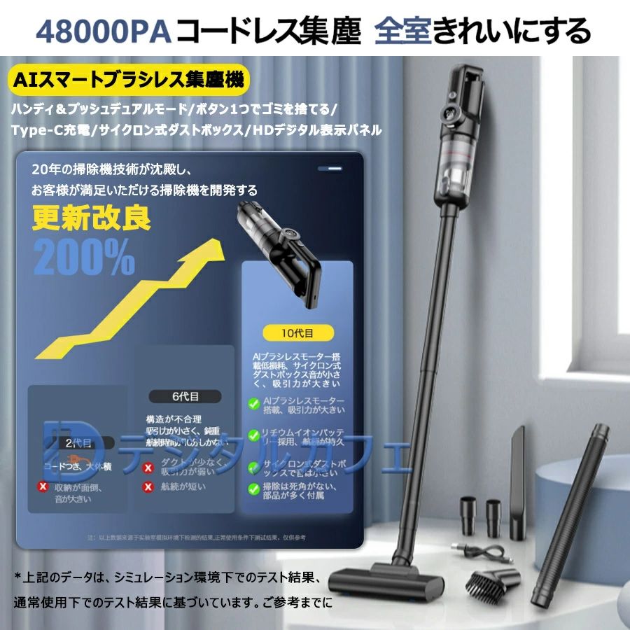 コードレス 充電式 強力吸引 人気 サイクロン式 48000Pa ミニ掃除機 5WAY 多機能 ...
