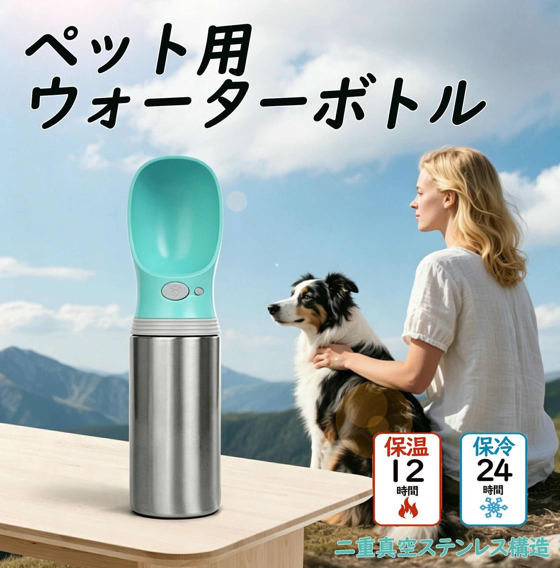 商品サイズ(cm)約 幅7.5cm × 奥行7.5cm × 高さ27.5cm重量約 289g素材ボトル本体：ステンレス鋼 / その他部品：ABS樹脂、シリコン容量400mlカラーティール (青緑)セット内容ボトル本体おすすめポイント【24時間保冷12時間保温】 二重真空ステンレス構造で、夏の散歩やドライブ中も水を長く冷たく保ち、冬場は温かさをキープします。 【リードが濡れない便利な設計】 給水後、余った水がボトル内に戻る「自動戻水」機能付き。お水を出してもペットの首周りやリード、床を濡らしません。ロックボタンで誤操作防止。 【片手で簡単操作】 ワンボタンで給水可能。リードを持ったままでも、簡単にペットに水を飲ませることができます。 【1.2L大容量&amp;軽々持ち運び】 1.2L大容量タンクの設計で、最大連続10時間使用を実現します！寝る前に水を一回入れて朝まで部屋を加湿して、一回給水すると、長い時間を使用するミニ加湿器となります。この加湿器には、柔らかく高品質な持ち運び用ベルトが付属しており、使う場所を変えたい時や、お掃除の時も片手で簡単に移動できます。 【持ち運びに便利】 &nbsp;約289gの軽量設計。車のカップホルダーやリュックのサイドポケットにもすっぽり収まるコンパクトサイズです。 【衛生面と耐久性に配慮】 &nbsp;本体はサビにくい18-8(304)ステンレス鋼。丸みを帯びた水受けと、分解洗浄可能な設計で、隅々まできれいに洗え、清潔を保てます。耐衝撃性のあるシリコンパッド付き。商品説明文愛犬愛猫の暑い日の水分補給に。保冷保温機能付きステンレスボトルで、いつでも清涼でキレイな水をお届けします。こんなシーンで 夏の暑い日の長時間のお散歩 車でのお出かけ旅行 アウトドアやキャンプ ご自宅での水分補給**【お手入れ方法】 水受け部分など、各部品を分解して、食器用洗剤と水でやさしく手洗いしてください。本体の長期使用に適した洗浄方法です。