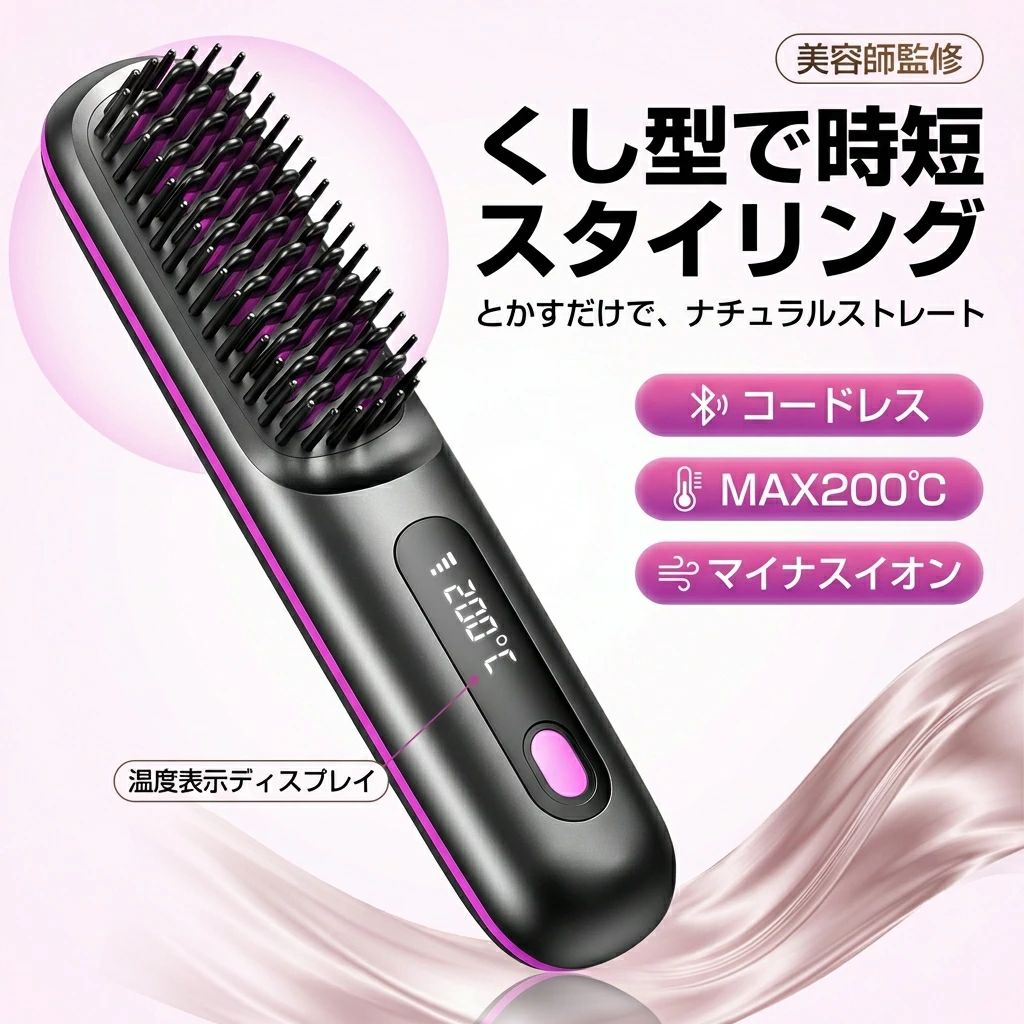 注意事項：モニターの発色により、実物と異なる場合がございます。 ストレート &amp; カール 2way ヘアアイロン！ ストレートアイロンとしても、カールアイロンとしても ご使用いただける 2way モデルで、マイナスイオン機付き、能その日の気分やファッションに合わせて、スタイリングができ、ショートからロングまでマルチに対応できます。 パッキング内容 本体*1,Typec充電ケーブル*1,くし*1,ヘアクリップ*2, ヘアアイロンブラシは、ヘアアイロンとブラシを一体化に設計され、スタイリングにかかる時間を半減し、手間も半分に減らします。 持ち運びに便利なコードレスタイプ、USB充電式でコンセント不要、学校や会社などでの急なヘアセットもOK。旅行や出張などに1つあると便利！バッグ収まるサイズ感だから常に持ち運びができる便利なアイテムです。 160度C/180度C/200度C、3段階の温度設定が可能なので、髪質に合わせて電源ボタンを押すことで適切な温度を切り替え可能です。MCHヒーターを搭載し、恒温発熱技術で約1分間立ち上がり、忙しい朝でも時短スタイリングを可能です。 1回のフル充電で最大40分連続使用可能です、1回で5~8分間使用し、約4~5回使用可能です。 ブラシの外周と先端部分に耐熱素材を採用し、高温でも肌を守れます。20分経過すると自動で電源がオフになります、万が一の消し忘れにも安心です。 ヘアブラシ ブラシアイロン ミニ くし型 ストレートアイロン ストレートヒートブラシ ショート ヘア マイナスイオンブラシ ダブルイオン 痛まないヘアアイロン アイロン 海外対応 収納 使い方 温度 カール 初心者 美容師 コードレス 機内持ち込み 火傷防止 持ち運び便利 アイロン ヘアアイロン ミニ ヘアアイロン ヘアアイロン ストレートアイロン コードレス ブラシ型 ヘアアイロン ミニ ミニアイロン ブラシ ヘアーアイロン ポータブルヘアアイロン 軽量 充電式 送料無料 美容師 おすすめ ヘアアイロンストレート ストレートアイロン カールアイロン プロ イオン 簡単 プレート うるツヤ ツヤ髪 海外対応 おしゃれ ロングヘア ミディアムヘア ショートヘア ロング ミディアム ボブ ショート くせ毛 ギフト ツヤ ホワイト おすすめ コテ 家電 温度調節 コンパクト サロン プレゼント 旅行 ギフト マイナスイオン 海外対応 女性 持ち運び 人気 前髪 軽量 2way メンズ 携帯 男性 母の日 両用 ミニ 父の日 うるおい こて プロ仕様 ストレートヘアアイロン あす楽 カールヘアアイロン ミラー クッション ヘアセット 旅行用 縮毛 美容師 矯正 コードレスヘアアイロン つや 男女兼用 海外旅行 チタニウム 家族 クチコミ ミニサイズ ミニヘアアイロン 持ち運び便利 携帯用 髪に優しい 小さい 獲得 初心者 痛まない コームアイロン ミニアイロン MAX200度C 日本語説明書付き 美髪器 コンパクトヘアアイロン ストレーター 小手 コンパクト軽量家庭 速熱 旅行用アイロン 男女適用 ギフト プレゼント 即納 男性 女性 男女兼用 軽量 コンパクト 旅行用 温度調整 ギフト 卒業プレゼント クリスマス 激安 誕生日 贈り物 髪質改善 サラサラ美髪 メーカー希望小売価格はメーカーサイトに基づいて掲載しています 注意事項 ・ラッピング対応は行っておりません。 ・予告なく仕様変更になる場合がございます。 ・写真はイメージです。実際の商品と若干異なる場合がございます。 ・基本は全国一律送料無料と対応させていただきますが、沖縄・北海道・離島地域へお届けの場合は別途送料をご請求させていただきます。 ・商品のサイズは採寸方法によって、若干な誤差が生じる場合はあります。ご了承ください。 品質保証 ・出品商品は全て新品未使用です。 ・安心の初期不良対応 ：万が一商品に不具合があった場合は、商品到着後7日以内にご連絡ください。 ・不具合の状況確認のため、写真や動画のご提供をお願いする場合がございます。確認後、速やかに「新品交換」または「ご返金」にて対応させていただきます。 ・お客様に安心してご購入いただけるよう、誠心誠意サポートいたします。「悪い評価」を付ける前に、まずはお気軽にご相談ください。 検索関連ワード ヘアアイロン, ヒートブラシ, ブラシアイロン, くし型 ヘアアイロン, ブラシ型 アイロン, ストレート ヒートブラシ, カール ヒートブラシ, ストレート カール 2way, 2way ヘアアイロン, ミニ ヘアアイロン, 携帯用 ヘアアイロン, コードレス ヘアアイロン, USB充電 ヘアアイロン, Type-C 充電, 急速加熱, 立ち上がり 約1分, MAX200度C, 温度調整 3段階, 温度表示付き, 160度C 180度C 200度C, 軽量 コンパクト, 小型 スタイリング, 時短 スタイリング, マイナスイオン, MCHヒーター, 恒温発熱, ブラシ型 スタイリング, 美容師 監修風, サロン級 スタイリング, ショート 髪 スタイリング, ロング 髪 スタイリング, 前髪 くし型, 朝セット 時短, 通勤 オフィス ヘアセット, 学校 髪セット, 旅行 出張 持ち運び, バッグに入る, 車内 ヘアセット, 自宅 まとめ髪, 乾燥対策 スタイリング, うねりケア, まとまりやすい髪, ギフト ヘアアイロン, プレゼント ヘアアイロン, 誕生日プレゼント, 母の日 ギフト, 父の日 ギフト, 新生活 応援, ポイント消化, 楽天スーパーSALE, お買い物マラソン, 人気 おすすめ注意事項：モニターの発色により、実物と異なる場合がございます。