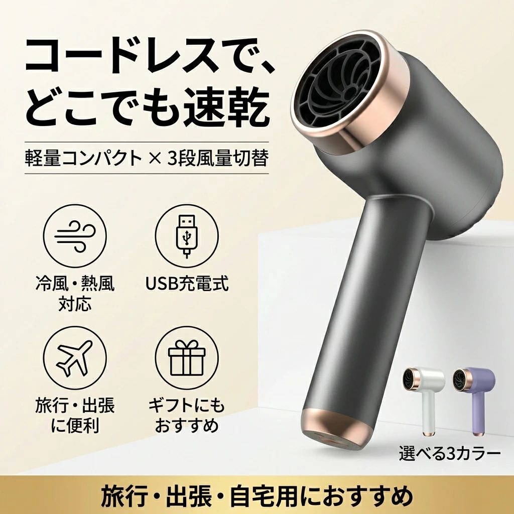 【コードレスで持ち運び自在】ヘアドライヤー 充電式 コードレス 3段風量 冷風 熱風 1500mAh 速乾 小型 軽量 旅行 出張 家庭用 ポイント消化 プレゼント ギフト 人気 おすすめ 新生活 母の日 父の日 誕生日