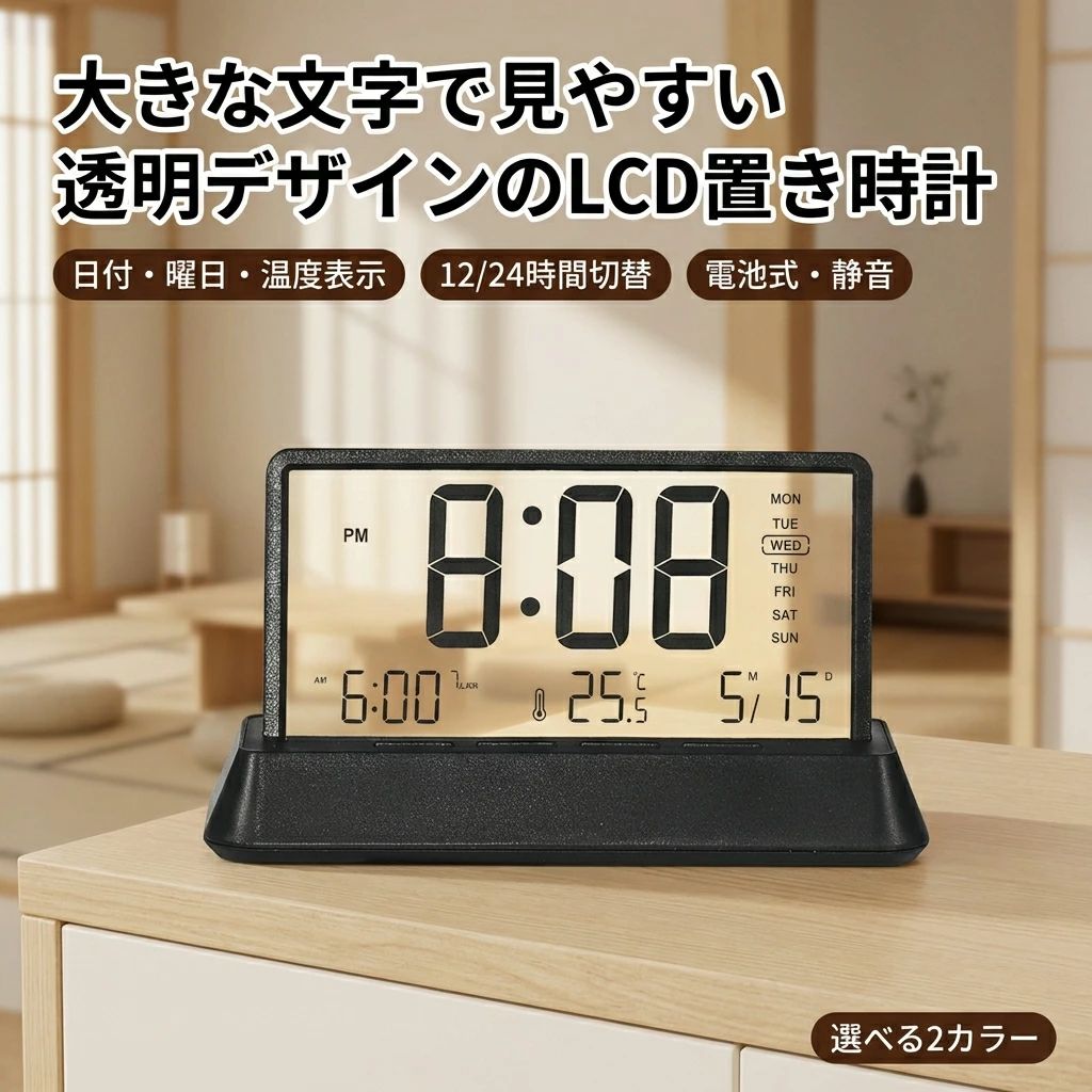 注意事項：モニターの発色により、実物と異なる場合がございます。 クリアなLCDディスプレイと多機能性で、日常生活において優れた使い勝手を提供します。大きな文字と明瞭な表示で時間、日付、曜日、さらには室温まで一目で確認できるため、どんな場面でも活躍します。静音設計で、睡眠中も気になることなく使用できるため、ベッドルームに最適です。 アラーム機能付きで、毎日の起床をサポートし、12時間及び24時間表示の切替えが可能なため、個人の好みに合わせて設定できます。そのシンプルで洗練されたデザインは、どんなインテリアにも馴染み、リビングルームやオフィスなど、様々な空間での使用に適しています。 デザイン面では、シンプルでモダンな外観がどんなインテリアにもマッチし、リビングルーム、寝室、オフィスなど、様々な場所でその機能を発揮します。静音設計であるため、音に敏感な環境でも気になることなく使用できます。 また、この時計は電池式であり、配線の必要がないため、場所を選ばずにどこにでも簡単に設置可能です。日々の生活をスタイリッシュかつ機能的に彩るこのデジタル置き時計は、見やすさと便利さを兼ね備え、毎日の時間管理をスマートに助けてくれるでしょう。 【素材】ABS(プラスチック)、PVC 【セット内容】置き時計1、中・英語説明書1 【カラー】ホワイト、ブラック 【サイズ】12.8*5*7.7cm 【梱包サイズ】15*6.2*8.5cm 【本体重量】約0.15kg 【電源】単四電池*2（付属なし） 【機能】時間、曜日、日付、温度表示、1組アラーム 検索関連ワード 置き時計, デジタル時計, LCD時計, 大きな文字, 透明デザイン, おしゃれ時計, かわいい時計, 卓上時計, 温度表示, 曜日表示, 日付表示, アラーム機能, 静音設計, リビング用, 寝室用, オフィス用, プレゼント, ギフト, 新生活, 母の日ギフト, 父の日ギフト, 誕生日プレゼント, 人気商品, おすすめ商品, 大容量電池式, シンプルデザイン, モダンインテリア, 目覚まし時計, スタイリッシュ, コンパクト, 配線不要, コードレス, 使いやすい, 見やすい, デザイン性, 機能性, おしゃれインテリア, 生活便利, 日常生活, スマートな時間管理, 定番, 話題のアイテム, ポイント消化, 楽天スーパーSALE, お買い物マラソン, おしゃれ雑貨, インテリア雑貨, 時間管理, 目覚まし機能, 生活向上, 暮らしを彩る, スッキリ, リラックス, 癒しの空間 注意事項 ・ラッピング対応は行っておりません。 ・予告なく仕様変更になる場合がございます。 ・写真はイメージです。実際の商品と若干異なる場合がございます。 ・基本は全国一律送料無料と対応させていただきますが、沖縄・北海道・離島地域へお届けの場合は別途送料をご請求させていただきます。 ・商品のサイズは採寸方法によって、若干な誤差が生じる場合はあります。ご了承ください。 品質保証 ・出品商品は全て新品未使用です。 ・安心の初期不良対応 ：万が一商品に不具合があった場合は、商品到着後7日以内にご連絡ください。 ・不具合の状況確認のため、写真や動画のご提供をお願いする場合がございます。確認後、速やかに「新品交換」または「ご返金」にて対応させていただきます。 ・お客様に安心してご購入いただけるよう、誠心誠意サポートいたします。「悪い評価」を付ける前に、まずはお気軽にご相談ください。 検索関連ワード 置き時計 デジタル, 置時計 デジタル, 置き時計 LCD, デジタル時計 卓上, デジタル目覚まし時計, 目覚まし時計 静音, 静音 目覚まし, アラーム 置き時計, 曜日 日付 置き時計, 日付表示 時計, 曜日表示 時計, 温度表示 置き時計, 室温表示, 温度計 付き 時計, 12時間表示, 24時間表示, 大きい文字 時計, 文字 大きい 目覚まし, 見やすい 置き時計, 読みやすい 時計, 透明デザイン 置き時計, クリア LCD デザイン, おしゃれ 置き時計, かわいい 置き時計, モダン インテリア 時計, シンプル デザイン, 卓上 時計, ベッドサイド 置き時計, 寝室 目覚まし, リビング 置き時計, オフィス 卓上時計, 勉強机 卓上時計, 電池式 置き時計, 電池式 デジタル時計, 配線不要 時計, 単三 電池 対応, すぐ使える 目覚まし, 新生活 置き時計, 引っ越し 持ち物, 母の日 ギフト 時計, 父の日 プレゼント, 誕生日 プレゼント 時計, プレゼント ギフト 置き時計, ポイント消化 置き時計, 楽天スーパーSALE 目覚まし, お買い物マラソン 置き時計, 送料無料 置き時計, 人気 おすすめ 置き時計, 透明 文字大きい 時計, 視認性 高い 時計, 高齢者 使いやすい 時計, 子ども 勉強用 時計, 車内 置き時計注意事項：モニターの発色により、実物と異なる場合がございます。
