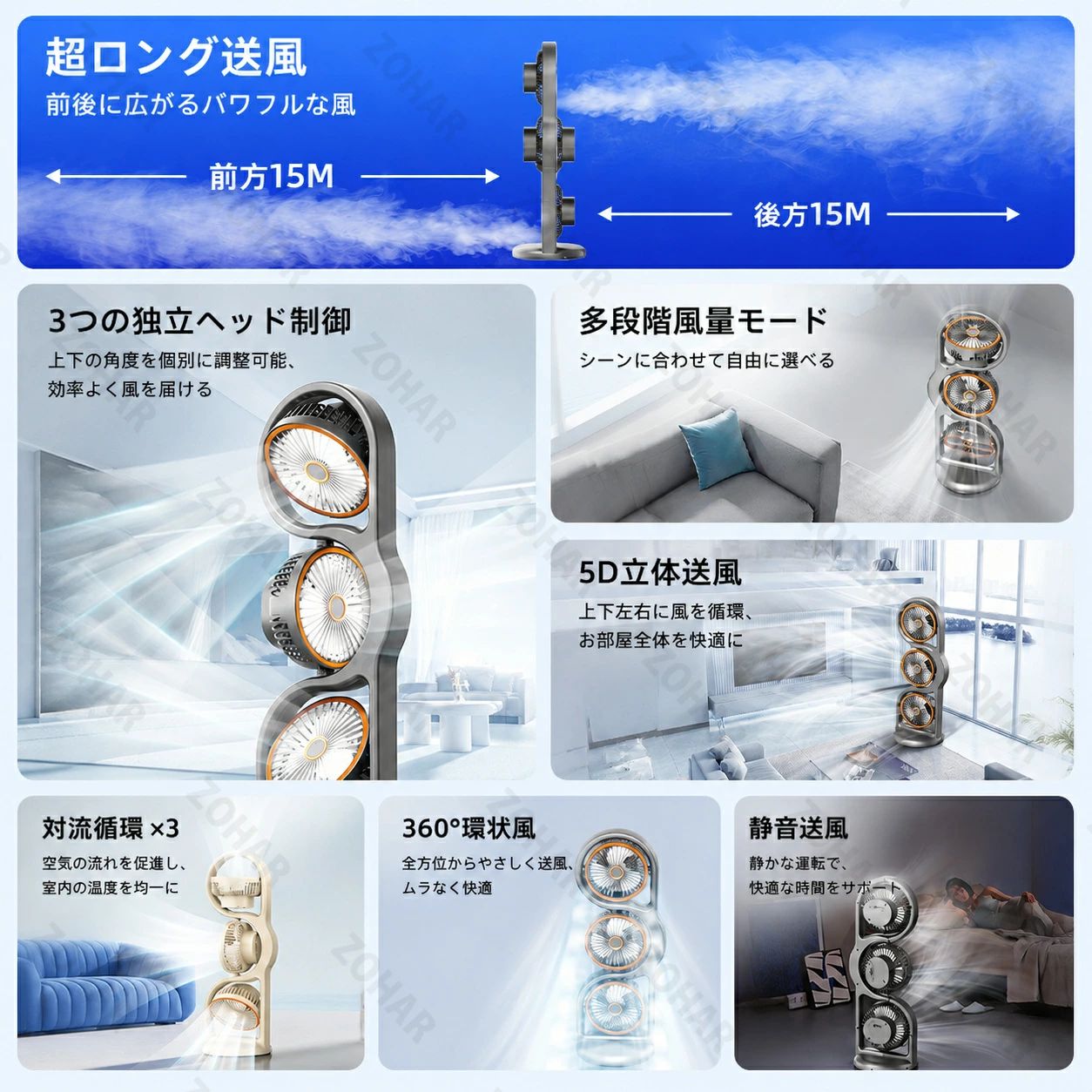 【2026最新モデル】冷風機 3連マルチファン 扇風機 DCモ一ター 卓上扇風機 風量調...