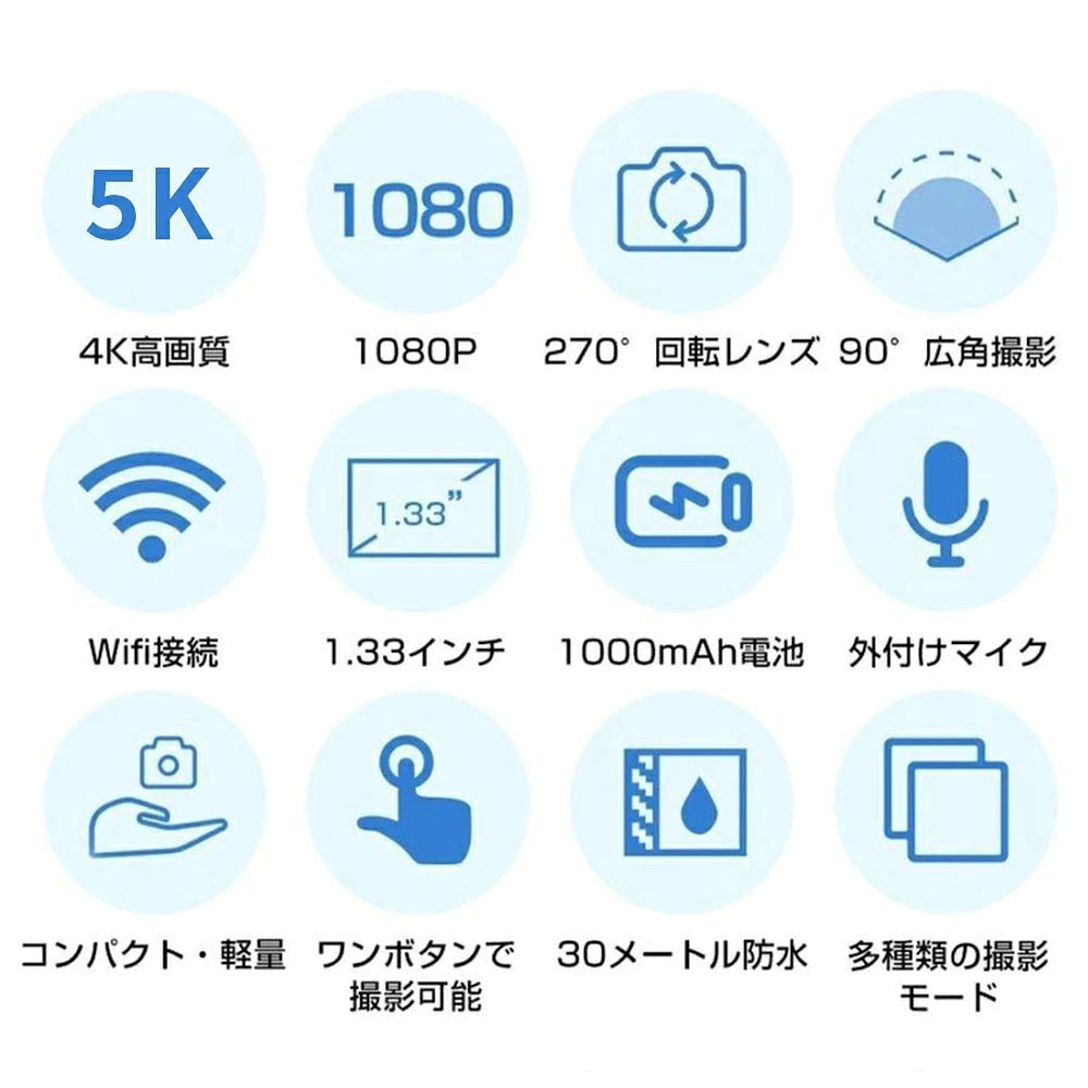【SDカード16GB付き】アクションカメラ 5K 高画質 6軸手ブレ補正 4K 750p 動画撮影...