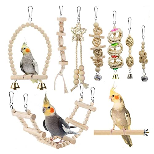 9点セット インコ おもちゃ バードトイ 鳥のおもちゃ 吊り下げ 鳥 鳥の遊び場 止まり木 原木 噛む玩具 ペットのタラップ橋 鈴付きオウムブランコ オウム生息棚 ストレス解消 セキセイインコ オカメインコのサムネイル