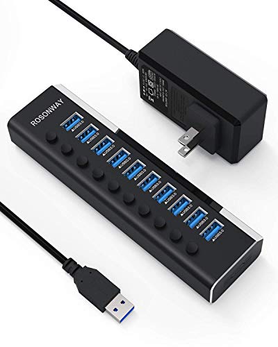 USB3.0ハブ 電源付き ROSONWAY 10ポート USBハブ アルミ製 5Gbps高速転送 セルフパワー USB拡張 独立スイッチ付 12V/3A ACアダプタ付き