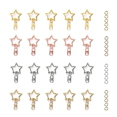 YFFSFDC キーホルダー金具 20個 回転カン付き ワンタッチキーホルダー カワイイ DIY用パーツ 手作り キーリング シルバー ゴールドなど4色 (星 ...