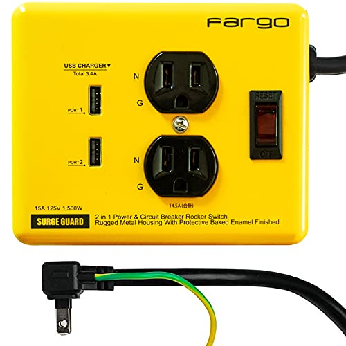 Fargo 電源タップ 楽器 雷サージ 家電保護 AC2個口 3.4A USB2ポート急速充電 DIY メタリック スチール アイアン おしゃれ インテリア シンプル 鉄製 コード 1.8m シルバー 1.8m イエロー2個口 …