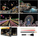 4枚入 スクラッチアート A4サイズ 彫刻アート 削るだけで美しいアート レインボー絵 面白い塗り絵 花火 夜景 花畑 観覧車 DIY 手作り 虹絵 スクラッチ極細ペン付き プレゼント 部屋飾り 21*29cm (ヨーロッパ風景 4枚入)