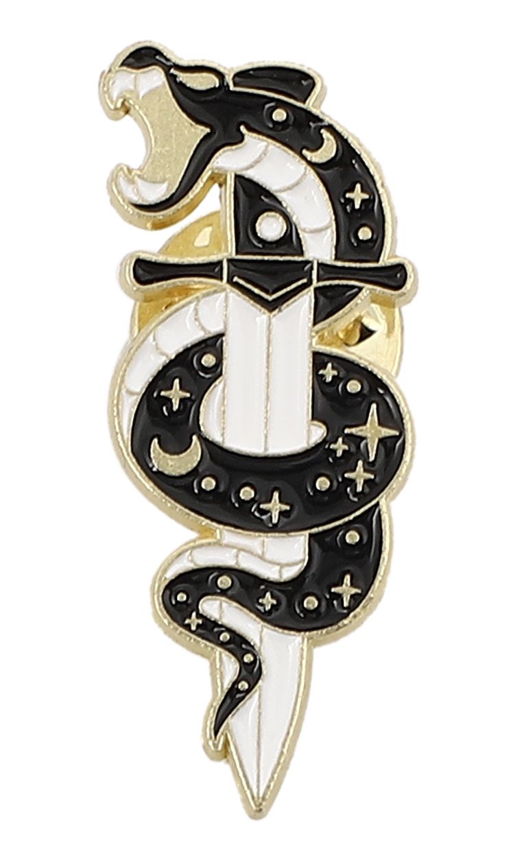 ピンバッジ 剣と蛇 ブラック ホワイト 三日月 星 ラペルピン ピンズ おしゃれ メンズ アクセサリー 幻想デザイン 幅1.4cm 縦3.2cm R0474