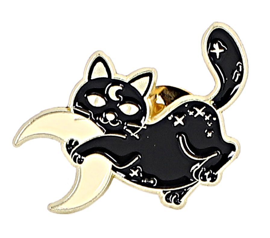 黒猫 ピンバッジ 三日月モチーフ ミステリアス キャットデザイン ピンズ ラペルピン 魔法風 アクセサリー メンズ レディース R0514