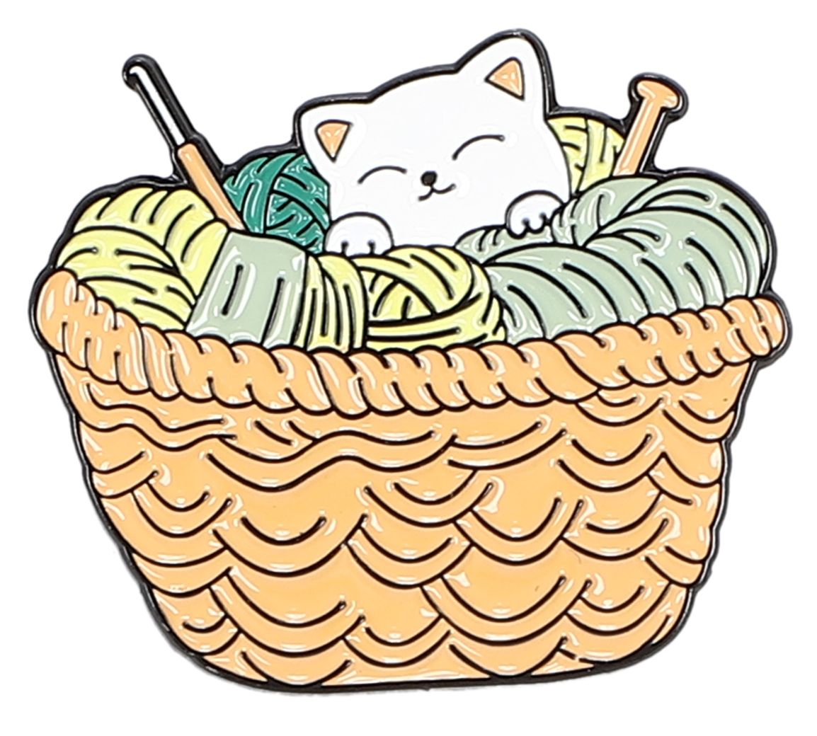 白猫 ピンバッジ 毛糸かごモチーフ 編み物 猫雑貨 ピンズ ラペルピン ニット好き ギフト ユニセックス ..