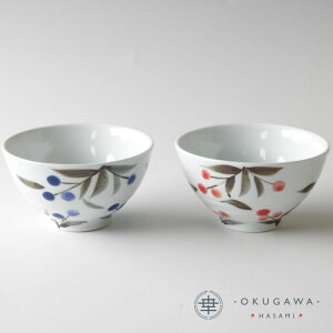 【ガーデン】飯碗 (青)/(赤)波佐見焼 飯碗 小鳥 花 手描き 下絵付 安心安全 食洗機OK