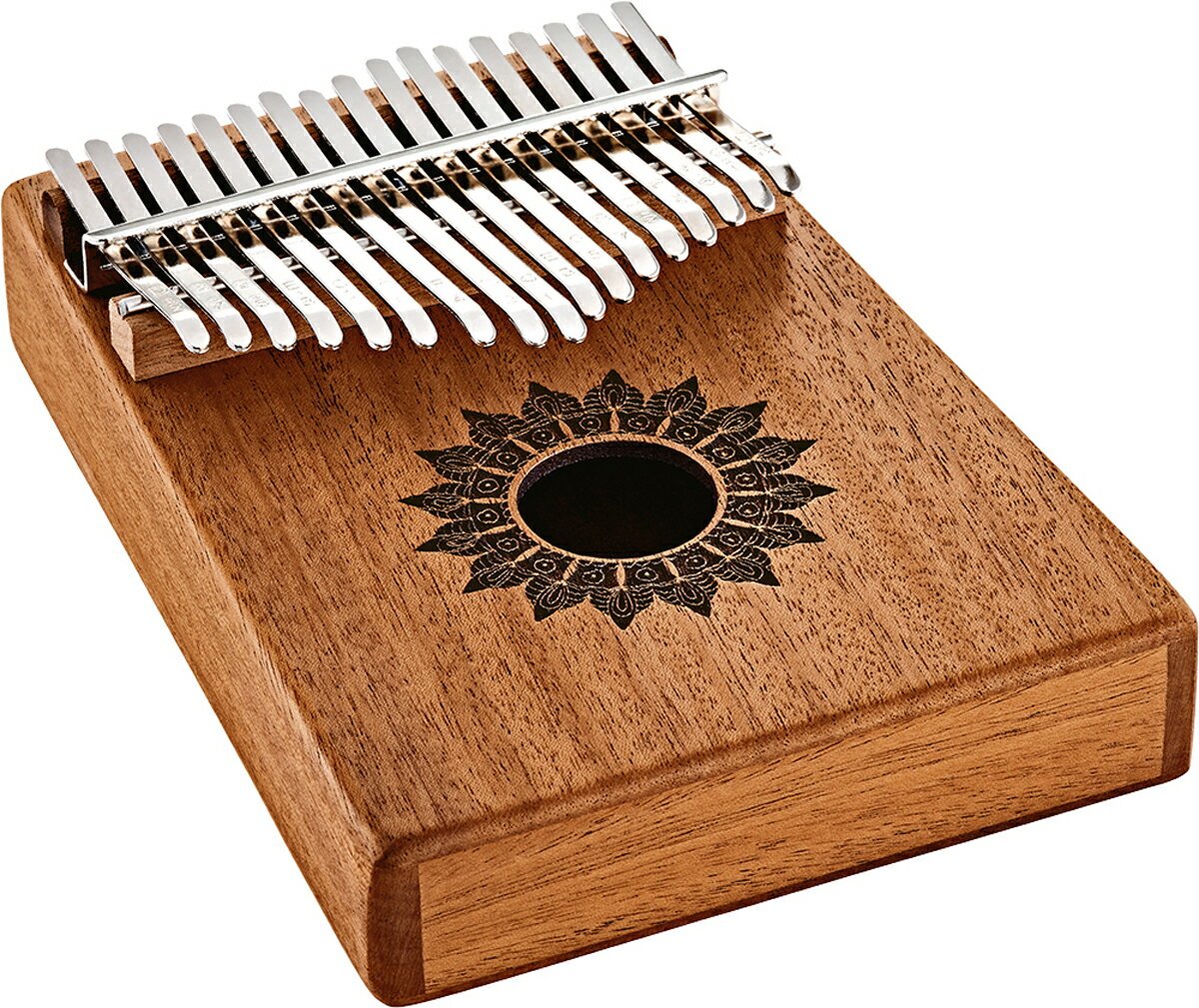 MEINL KL1708H Sonic Energy カリンバ SOUND HOLE KALIMBAS カリンバはアフリカを発祥とする楽器です。何世紀にも渡って愛され続けている楽器で『ムビラ』や『サンサ』また『親指ピアノ』という名前でも知られています。共鳴部となる木製の箱に金属製のリードが取り付けられており、リードを親指で弾くことで金属的で繊細なサウンドを奏でます。 サウンドホール・カリンバは素晴らしいサウンドを奏でるメロディ楽器で、サウンドはもちろんデザイン面においてもユニークな特徴を持っています。C メジャースケールに調律された 17 の鍵盤により常に一定のキーで演奏できるため、演奏中に音を外す心配がありません。素材は各モデルに高品質なメイプル、マホガニー、アカシア材が使用されています。伝統的な形状のサウンドホールがウォームな音色とロングサステインを生み出します。 カリンバには専用ケースが付属し、キズ等のダメージから楽器をしっかり保護します。また楽器の掃除や保管用としてマイクロファイバークロスとコットンバッグも付属します。さらにチューニングハンマーも同梱しており、必要に応じてカリンバを調律することもできます。 重量：312g 素材：Mahogany 鍵盤：17 チューニング：C Major / d''，b'，g'，e'，c'，a，f，d，c，e，g，b，d'，f'，a'，c''，e'' 付属品：専用ケース、コットンバッグ、マイクロファイバークロス、チューニングハンマー