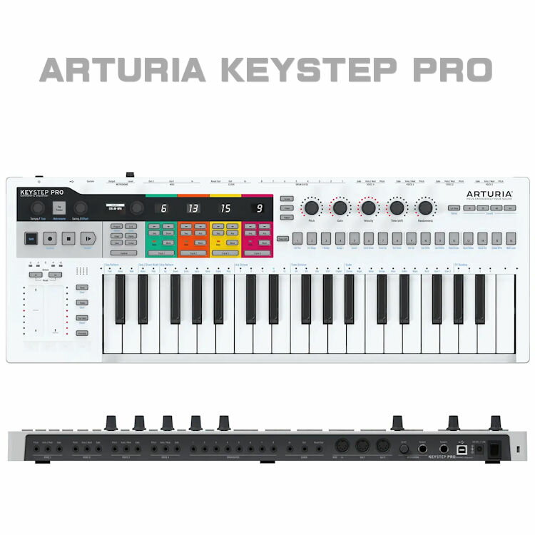 UNIVERSAL SEQUENCING MASTERMIND KeyStep Pro ユニバーサルシーケンシングマスターミンド 世界が待ち望んでいたシーケンサー。KeyStep Proは、コンパクトで用途の広いコントローラーで、キーボードプレーヤーに驚異的なシーケンスとパフォーマンスを提供します。 オールインワンのシーケンスソリューション モジュラーリグ、アウトボードシンセ、ソフトウェアスタジオを同時に完全に制御できます。 ● 4つの独立したポリフォニックシーケンサートラック ● 24パートの統合ドラムシーケンサー ● 複雑なパフォーマンスでも簡単に操作できる直感的なコントロール ● 比類のない接続性力なパフォーマンスコントロール 私たちのシーケンサーは世界中で見ることができ、トップアーティスト、スタジオ、アマチュアプロデューサーに愛されています。KeyStep Proを使用すると、刺激的なパフォーマンス機能にすばやく直感的にアクセスできるので、簡単に楽しくギグできます。マルチモードのアルペジエーター、ランダム性、簡単なコードモード、リアルタイムでのレコーディングがオンザフライで作成できます。鮮明なOLEDディスプレイとLED照明付きコントロールにより、暗闇でもすべてを確認できます。 パッドよりもキーの方が好きなら、ごちそうを楽しんでください。KeyStep Proは、ベロシティーセンシティビティーとアフタータッチを備えた、優れたフィーリングの3オクターブキーボードを備えています。音楽のアイデアを明確に表現できるこの表現力豊かな小さなシーケンサーは、指先で力を発揮します。 KeyStep Proは思い通りに動作し、あなたとあなたが作りたい音楽との間の障壁を取り除きます。 強力なパフォーマンスコントロール 私たちのシーケンサーは世界中で見ることができ、トップアーティスト、スタジオ、アマチュアプロデューサーに愛されています。KeyStep Proを使用すると、刺激的なパフォーマンス機能にすばやく直感的にアクセスできるので、簡単に楽しくギグできます。マルチモードのアルペジエーター、ランダム性、簡単なコードモード、リアルタイムでのレコーディングがオンザフライで作成できます。鮮明なOLEDディスプレイとLED照明付きコントロールにより、暗闇でもすべてを確認できます。 トラック 4つの独立したシーケンサー。必要なシンセ、モジュール、ドラムマシンを制御します。 パターン トラックあたり16パターン。各シーケンサーパターンは最大64ステップの長さにすることができ、ステップごとに16のノートを含みます。 鎖 最大16のパターンをリンクして、曲全体またはセットのセクションを作成します。 シーン パターン内のすべてのシーケンスのスナップショット。シーケンスのセットを瞬時に切り替えることができます。 プロジェクト すべてが1か所に。ロードし、複製し、微調整し、編集し、後でオンボードメモリに保存します。 ギアを統一する KeyStep Proが提供する驚異的な接続性のおかげで、増え続けるブティックモジュラーギア、ビンテージシンセ、ソフトウェアインストゥルメントのコレクションは、ようやく調和して機能します。4つのCV、GateおよびMod出力、8つの専用ドラムGate出力、Clocks、MIDI入力、2 MIDI出力、ソロメトロノーム出力、サステイン入力でパフォーマンスを表現し、USBで簡単にパワーとDAW /ソフトシンセを制御できます。 ハードウェア、ソフトウェア、およびDAWを同時に制御 「ボックス」で音楽を作成したい場合は、KeyStep Proを使用して創造性を活かすことができます。バーチャルインストゥルメントのシーケンスとアルペジエーションを簡単に行い、ソフトウェアスタジオと同期し、専用のコントロールモードに切り替えて、お気に入りのシンセやエフェクトのパラメーターをコントロールできます。可能性は無限です。 仕 様 37 鍵盤スリムキー、ベロシティー、アフタータッチ対応 LED をキーごとに搭載 4トラックのステップシーケンサー 16ステップボタン、シーケンスごとに最大64ステップ ステップごとに最大16ポリ メロディック・シーケンサー リアルタイム/ステップ・レコーディング、ステップエディット 各音のピッチ、ベロシティ、ゲート、タイムシフト、 スケールクオンタイズ（ユーザースケール可能） ポリフォニック CV出力 Drum sequencer 24パートのドラム・シーケンサー ポリリズム パフォーマンス・シーケンサー Forward and 2つのランダム再生モード パターンのランダマイズ クオンタイズ/アンクオンタイズレコーディング ルーパー アルペジエーター 7 アルペジエーターモード、 5オクターブレンジ コードモード コントローラモード CCを送信するために5つのエンコーダを使用 CC自動化 Crisp OLED display 4x (CV, Gate, Mod) outputs + 8 drum gate outputs 1 MIDI入力、2 MIDI出力、USB、クロック同期 付属のスピーカーとライン出力を備えたメトロノーム サステインペダル入力 同梱物 KeyStep Pro 本体 Registration card Quick Start USB cable Power supply サイズ : 589 x 208 x 38mm 重量 : 2.7 Kg