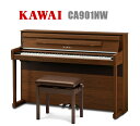 KAWAI CA901NW カワイ 電子ピアノ 88鍵 木製鍵盤 ナチュラルウォルナット調仕上げ ずっと触れていたくなる木の鍵盤 88本の鍵盤すべてに木材を使用。 幾層にも木材を積み重ねる独自の加工技術により、 反りや捩じれの少ない、高い精密性を実現しました。 また鍵盤表面には、象牙、黒檀の色相や風合いを再現した象牙長白鍵（アイボリータッチ）、黒檀調黒鍵（エボニータッチ）も 採用しています。 最高峰の木製鍵盤　グランド・フィール・アクション　 グランド・フィール・アクション　は、最高峰の木製鍵盤アクションです。 88鍵すべて木製の鍵盤を使用、またハンマーを跳ね上げるシーソー式の構造や電子ピアノ最長クラスの支点距離、鍵盤をゆっくりと押さえたときに感じるクリック感など、細部に至るまでグランドピアノに限りなく近い鍵盤設計を追求しました。 長い支点距離を持つシーソー構造 カワイの木製鍵盤は、鍵盤を押すことでハンマーが上がり、弦を叩くというグランドピアノの発音構造を忠実に再現したシーソー構造。 また鍵盤から支点までの距離を長くとる設計としたことで、抜群のコントロール性を発揮します。 音域別ハンマーウェイトとカウンターウェイト タッチの決め手となるハンマーウェイトに、白鍵・黒鍵ともに音域別に4段階に分類したウェイトを採用。 また鍵盤側には、88鍵すべてにカウンターウェイトを搭載しました。これにより、強打時に低音域は重く、高音域は軽い、そして弱打の演奏時はすべての鍵盤が一定の手応えという、グランドピアノ特有のタッチ感を実現しました。 真鍮製フロントピンとバランスピン 鍵盤がシーソーの動きをする際に支点となるバランスピン、その動きが左右にぶれないようにするためのフロントピン、そしてそれらのピンと適度な摩擦感を得るためのブッシングクロスをグランドピアノと同様の素材を採用することで、より本格的なタッチ感を実現しました。 繊細なタッチを実現するレットオフ・フィール アコースティックピアノでは鍵盤をゆっくり押さえていくと、ハンマーは弦に触れる直前で離れていきます。 これをレットオフ機構といい、独特のクリック感を感じることができます。 レットオフ・フィールは、このアコースティックピアノ特有のクリック感を、電子ピアノで再現した機構です。 フルコンサートピアノSK-EXのピアノ音を2種類 収録 1台の電子ピアノに、最高峰のフルコンサートピアノSK-EXのピアノ音を2種類、録音・収録しました。 それが「SK-EXコンクールグランド」と「SK-EXコンサートグランド」です。 複雑で芯のある音、そして繊細で柔らかいピアニシモ、あたたかく透き通ったメゾフォルテから壮大に響き渡るフォルテシモまで、広大なダイナミックレンジを持つSK-EXの音を再現しています。 他にも「EXコンサートグランド」「SK-5グランドピノ」のピアノ音も収録。 こだわりのピアノサンプリング フルコンサートピアノSK-EXを複数台用意し、その中からさらに選び抜かれた1台を採用、反響や残響など音響効果が最善となるよう厳選された環境で録音しました。 チューニングは国際ピアノコンクールで調律経験のある屈指の調律師が担当しています。 グランド・フィール・プロセッシング プロ 新開発のカスタムDigital to Analog変換技術を採用。グランドピアノ音の躍動感を引き出し、スピーカーだけでなくヘッドホンでも最高の音を楽しめます。 グランド・フィール・プロセッシング・プロには 2系統のDACを搭載し、高いダイナミックレンジを実現。 カンタービレやドルチェが混じり合う素晴らしいピアノ音を再現しました。 グランド・フィール・スピーカー・システム プロ CA901に搭載したグランド・フィール・スピーカー・システム プロは、独自のTWIN DRIVE響板スピーカーを中心に、ディフュージングスピーカーやダイレクトスピーカーなど合わせて6つのスピーカーを最適化して組み合わせた、電子ピアノの枠を超える新しいスピーカーシステムです。 TWIN DRIVE 響板スピーカー 面積の広い響板に設置された、2種類の加振器が振動することで、スピーカーでは困難なグランドピアノの荘厳で伸びる低音や奥行き感のある響きを、振動そのものから忠実に再現しました。 ダイレクトスピーカーとエアーツィーター グランドピアノの演奏者へ直接響く芯のある太い音を再現するダイレクトスピーカーと、グランドピアノの澄み渡る空気感・緊張感を再現するエアーツィーターを、左右に2つずつ搭載しました。 ディフュージングスピーカー グランドピアノの壮大で密度のある音を再現する、新開発ディフューザー搭載の上面放射スピーカーを左右に2つ装備しました。 新開発の高性能ヘッドホンSH-3 付属のSH-3は、電子ピアノ専用に開発された高品質のヘッドホン。 セミオープンタイプのため、ピアノ音を最良の状態で楽しめる上、大音量かつ長時間の使用でも疲れにくく、演奏や練習に集中することが可能です。 スペイシャル・ヘッドホン・サウンド 全方向にバランスのとれたノーマル、左右の広がりを強調したワイド、前方への定位を強調したフォワード（グランドピアノの音の響きを意識した定位）、の3つの選択が可能です。 どのモードを選んでも、自然な音の広がりにより、長時間ヘッドホン演奏を続けても疲れにくく、快適な演奏を楽しめます。 また、オープン、セミオープン、クローズ、インナーイヤー、カナルと、ヘッドホンの種類に応じて、最適な音質を選ぶことが可能です。 まるでアコースティックピアノのような、優雅で気品あふれるたたずまい 一般的な電子ピアノと一線を画す洗練されたデザインは、まるでアコースティックピアノのよう。 ほんのり紫を帯びた暗褐色のローズウッドは、スタイリッシュでありながら、本格的なピアノらしさも醸し出す、上質で優雅な印象。 お部屋全体をエレガントな気品に包みます。 いつも安心、ソフトフォール鍵盤蓋 鍵盤蓋を閉じるとき、誤って手を離しても蓋がゆっくりと自然に閉じるソフトフォールシステムを採用。 鍵盤蓋が開いた状態からゆっくり綴じ始め、完全に閉まるまで時間がかかるため、お子さまが不用意に鍵盤蓋に触れても、手を挟む心配がなく安全です。 ペダル位置をグランドピアノとほぼ同じ位置となるよう設計 鍵盤とペダルの位置関係を、グランドピアノとほぼ同じとなるよう設計しました。 発表会やコンクールでグランドピアノを弾くときも、違和感なく演奏できます。 USBメモリオーディオで録音/再生 USBメモリにWAV形式/MP3形式で演奏を録音することができます。 またオーバーダビング機能を使えば、録音済みのファイルや楽曲を再生しながら、重ね録音をすることも可能。 録り直しも簡単です。 Bluetooth Audio対応、高品質なワイヤレスミュージックを楽しむ ワイヤレスで、スマートフォンやタブレットとの接続が可能なBluetooth機能を搭載。 スマートフォンからお手持ちの楽曲を、電子ピアノ本体のスピーカーで再生することが可能です。 またクラシックやポップス、ジャズなどお好みの楽曲と合わせて、電子ピアノを演奏いただけます。 グランド・フィール・ペダル・システム ピアノを演奏するうえで、微妙な音の変化や表現にかかせないのがペダル操作。 ペダルの床からの高さはグランドピアノとほぼ同じ。 さらに3本のペダルすべてにおいてグランドピアノの踏み込み荷重を解析し、その踏み心地を再現しました。 ダンパーペダルのハーフペダル奏法も可能です。 　仕　様　 鍵盤：88鍵/シーソー式木製鍵盤 グランドフィールアクションIII、アイボリータッチ(象牙調仕上げ)、エボニータッチ(黒檀調仕上げ)、レットオフフィール、カウンターウェイト 音源：SK-EXレンダリング音源/HI-XL音源 共鳴音… 　SK-EXレンダリング音源：音源に含む 　HI-XL音源：アコースティックレンダリング 最大同時発音数：256音 音色数：106音色（SK-EXレンダリング音源：10音色） グランドピアノ音色… 　SK-EXレンダリング音源：SK-EXコンクール、SK-EXコンサート 　HI-XL音源：SK-EXコンクール、SK-EXコンサート、EX、SK-5 コンサートチューナー：VPA21項目（※音色によって異なります） ペダル：ダンパー(ハーフペダル対応)、ソフト(ハーフペダル対応)、ソステヌート、グランド・フィール・ペダル・システム メトロノーム/リズム：拍子10種/リズム100種 レッスン曲：377曲 バイエル、ブルクミュラー25、チェルニー100、チェルニー30、ソナチネアルバム1、バッハインベンション、ショパンワルツ集、ショパンエチュード集、指のトレーニング デモ曲… ピアノミュージック曲：114曲 音色デモ曲：39曲 コンサートマジック：471曲 ※レッスン曲・デモ曲の一部をコンサートマジック演奏することができ、その曲数を表記しています。 対応アプリ：PianoRemote 録音… 　レコーダー：10ソング　約90000音 　USBレコーダー/再生：MP3、WAV、SMF(MIDI) 　USBレコーダー/録音：MP3、WAV 　USBレコーダー/機能：オーバーダビング、ラインイン録音、オーディオ録音レベル ディスプレイ：5インチ カラー液晶タッチパネル 譜面台：折り畳み式 エフェクト：8種（SK-EXレンダリング音源：1種） 接続端子：ヘッドホン(ステレオ標準/ステレオミニ)、LINE(IN/OUT)、USB to HOST(※USB to UPDATE)、USB to DEVICE アンプ出力：130W 消費電力：56W 外形寸法：(幅)1455×(奥行)475×(高さ)1010mm 質量：82.5kg 付属品：高低自在椅子 / ACコード / 取扱説明書/ クラシカルピアノコレクション楽譜集 / ヘッドホン（SH-3）/ヘッドホンフック /