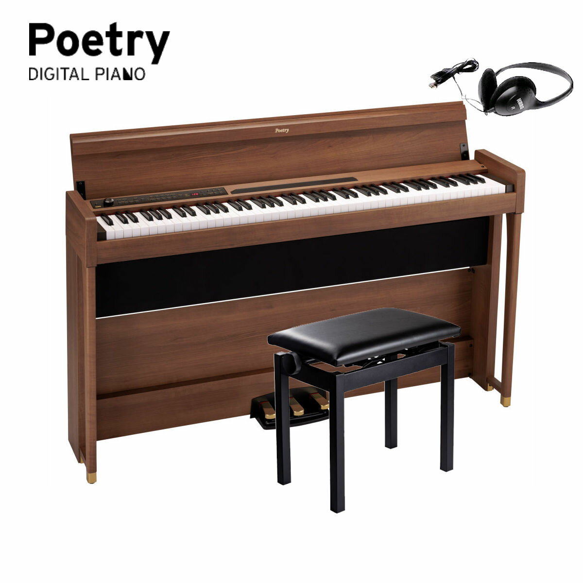 KORG　Poetry コルグ 電子ピアノ Poetic Brown（木目調仕上げ） ショパンを弾きたくなるピアノ Poetry はピアノの詩人フレデリック・ショパンが生前最も愛したピアノ「PLEYEL（プレイエル）」と、著名なショパン・コンクールでも採用された世界最高峰のイタリアン・ピアノという、ショパンに縁のある2つのピアノ音色を搭載したユニークなデジタル・ピアノです。 19世紀に生まれ、当時の個体もあまり残っておらずなかなか聴くことができないゆえに、希少かつ垂涎の的である当時の「PLEYEL」サウンド。その高音質なサンプルを収録し搭載したデジタル・ピアノは、当時の音を現代に伝えつつ、定期的な調律やメンテナンスが不要な電子楽器としての扱いやすさも兼ね備えています。 クラシック音楽の作曲家、ピアニストとして高い評価を受けているショパンに焦点を当てた製品であるPoetryは、世界中のピアノ愛好家やショパン愛好家に、新たなショパン楽曲の楽しみ方を提供することでしょう。 ●ショパンに出会える2つのピアノ音色 ●美しい木目調のスタイリッシュな外観 ●心地よいタッチのRH-3鍵盤〜プレミアム・ジャパン・クオリティ ●ハーフ・ペダルにも対応、3本ペダルを標準装備 ●演奏をすぐさま記録。2パート・ソング・レコーダー ●メトロノーム、レイヤー、パートナー・モードなど、デジタル・ピアノならではの機能を搭載 ●ショパンの名曲をピアノ本体に50曲搭載 店頭、オンラインでご購入の上、アンケートにお答え頂いた先着100名さまに「Poetic Brown」の特製KDM-3メトロノームをプレゼント ショパンに出会える2つのピアノ音色 Poetryには、ショパンが33歳当時の1843年製PLEYELピアノと、世界的なショパン・コンクールでも採用されているイタリアン・コンサート・グランド・ピアノの2つのピアノ音色を搭載しています。 PLEYELはピアノ筐体に使われているウォルナット材の木の温もりを感じさせる味わい深い響きが他の多くのピアノと異なる特徴です。さらによりPLEYELを体感できるよう、実機と同じ80鍵盤の音色PLEYEL3では、ピッチを430Hzに設定することで、ショパンが当時この音で弾いて聴いていたと考えられるものを忠実に再現した音色になります。 イタリアン・ピアノは華やかで透明感があり、豊かな表現力を持つサウンドです。同じ楽曲の演奏でも現代風に奏でるこのピアノは、時代を超えて愛されるあの作曲家がもし現代に存在したら、きっとその作品作りに刺激を受けたであろう、そんな想像を掻き立てます。 美しい木目調のスタイリッシュな外観 「Poetic Brown」と名付けた美しくエレガントな木目調の外観は、ショパンの纏う優しい雰囲気をイメージし、さらにペダルや足先にゴールドの装飾を入れ、上質な雰囲気に仕上げました。奥行きはわずか26センチ（※転倒防止金具除く）というスリムさを実現し、蓋を閉めるとフラットになる便利さも兼ね備えています。 心地よいタッチのRH-3鍵盤〜プレミアム・ジャパン・クオリティ グランド・ピアノと同様に低音部では重く、高音部にいくほど軽くなるタッチを再現したリアル・ウェイテッド・ハンマー・アクション3（RH3）鍵盤を採用。高い連打性能で、早いパッセージでも演奏者の表現力を損なうことなく音の強弱まで再現します。この鍵盤は環境にも配慮しており、鍵盤のハンマー部に鉛を使用していません。また、タッチの強さによって5段階の音の出方（軽め、標準、重め、安定、一定）を設定できるキー・タッチ・コントロールに対応し、自分のタッチに合わせて演奏を楽しめます。 ハーフ・ペダルにも対応、3本ペダルを標準装備 ピアノの演奏に欠かすことのできないペダルは、アコースティック・ピアノ同様にダンパーに加えソフト、ソステヌートを使うことができる3本ペダルを標準装備。ダンパー、ソフトはハーフ・ペダルにも対応しており、より細やかな表現が行えます。 演奏をすぐさま記録。2パート・ソング・レコーダー 2パートのレコーダーを搭載しているので、自分の演奏を録音して客観的に聴き、演奏の上達に役立てることが可能です。ピアノ・ソングと同様の片手ずつの録音や、保存済みのソングに演奏を加える録音にも対応。録音したユーザー・ソングは再生時のテンポ変更も可能です。 メトロノーム、レイヤー、パートナー・モードなど、デジタル・ピアノならではの機能を搭載 レッスンに便利なメトロノームはワンタッチでオン / オフ可能。音色ボタンを2つ同時に押すだけで2つの音色を重ねる「レイヤー・モード」によって、ピアノにストリングスやビブラフォンなどを重ねての演奏も可能です。また鍵盤の左側と右側で分けて、2人の演奏者が同じ音域で演奏ができる「パートナー・モード」も搭載。先生と生徒、あるいは親子で、楽しくレッスンができます。 Bluetoothオーディオに対応 待望のBluetooth機能を搭載。iPhoneのようなスマートフォンやiPadなどのタブレットと無線で接続して、ミュージック・プレーヤーやYouTubeでいつも聴いている音楽と一緒にピアノの演奏を楽しむことができます。ピアノを演奏しない場合でも、Poetryを迫力のあるBluetoothスピーカーとして使用することで、スマートフォンやタブレットの音楽をお楽しみいただけます。 ショパンの名曲をピアノ本体に50曲搭載 ショパンの名曲50曲をピアノ本体に搭載。これらはイタリアン・ピアノ音色とPLEYEL音色で聴き比べが可能です。またその中から厳選した23曲を収録したピアノ演奏用の譜面が付属しており、このピアノを手に入れればすぐにショパン楽曲の演奏を弾いて、聴いて楽しむことができます（その他に音色デモ・ソングが10曲搭載されています）。 PLEYELの特徴 PLEYELというピアノは、ショパンがどうしても”シングル・アクション”を変えさせなかったという逸話のあるピアノです。またPLEYEL社もショパンが亡くなった後も14年間この方式を変えませんでした。 シングル・アクションとは完全に鍵盤（ハンマー）を戻さないと次の打鍵ができず、速い連打が難しい構造の鍵盤です。現在のピアノは”ダブル・エスケープメント”という構造で、ハンマーが戻りきらなくても打鍵ができるので速い連打が可能になり、超絶技巧で派手な演奏を実現できる様になっています。 現代のピアノはコンサート・ホールのような大きな会場で響かせられるように進化してきましたが、19世紀の中頃まではコンサート・ホールのような大きな会場は無く、サロン・コンサートが主でした。そのころの絵を見るとショパンがサロンで弾いていて、女性がピアノに肘をかけて聞き入っているような光景を見ることができます。 さらに、この少し前の時代にピアノという楽器はなく、鍵盤楽器といえばチェンバロとパイプ・オルガンでした。このチェンバロという楽器はオーケストラの中で使えるほど大きな音がしますが、逆に小さな音で弾くのが難しい楽器でした。チェンバロをサロンなどで演奏するとかなり大きい音になります。その問題を解決するためにピアノの前身である「フォルテピアノ」という楽器が登場し、弱い音も弾けるハンマー・アクションが発明されました。当時は小さな音量で弾けることが最も重要だったと考えられます。 またPLEYELにはミュート板がついています。高音部は音が小さく低音部は音が大きいため、弾いたときにバランスが悪くなるのでこのミュート板を装着し、中低音域の音量を下げて高音域へクレッシェンドさせて音楽的にバランスをとるようになっています。そのようなことも含めて、PLEYELはやはりフォルテッシモではなくて、繊細な表現で美しく音楽を語るピアノであると考えられます。 　SPEC カラー Poetic Brown（木目調仕上げ） 鍵盤 RH3（リアル・ウェイテッド・ハンマー・アクション3）、鍵盤：88鍵（A0 ~ C8） タッチ・カーブ 5種類 ピッチ トランスポーズ、マスター・チューニング 音律 3種類 音源 ステレオPCM音源 同時発音数 120（最大） 音色 30音色（10 x 3バンク） エフェクト ブリリアンス、リバーブ、コーラス（各3段階） レコーダー 2パート、最大14,000ノート（約100KByte） デモ・ソング 60曲 (音色デモ10曲、ショパン・ピアノ・ソング50曲) メトロノーム テンポ、拍子、音色、音量 ペダル ダンパー *、ソステヌート、ソフト*　 *はハーフ・ペダル対応 接続端子 LINE OUT、MIDI（IN、OUT）、ヘッドホン×2、ペダル、スピーカー コントロール 電源、VOLUME、PIANO SONG、TRANSPOSE、FUNCTION、TOUCH、BRILLIANCE、REVERB、CHORUS、BANK、音色 x10、DISPLAY、+、-、METRONOME、再生/一時停止、停止、録音、PART1、PART2 無線方式 Bluetooth（A2DP Sink） スピーカー 10cm ×2 アンプ出力 25w x2 電源 DC 24V 消費電力 18W 外形寸法（W×D×H） 1346x347x770mm、 1346x347x926mm（キー・カバーを開けた状態） 質量 36.7kg（専用スタンド込み） 付属品 ACアダプター、専用スタンド、ヘッドホン、ピアノ演奏用譜面（ショパン楽曲を23曲収録） アクセサリー（別売） ピアノ椅子PC-300（BR、BK、WH）