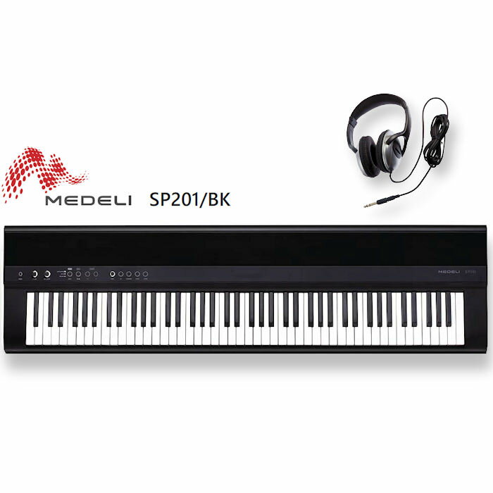MEDELI SP201 BK メデリ 電子ピアノ メインのピアノサウンドにはドイツの有名グランドピアノの音源を採用。クラシック演奏では重厚感を、ロック・ポップスにおいては抜けの良さが得られます。 その他にも有名エレクトリックピアノ音源に加え、シンセやオルガンなど全30種類のサウンドで様々なジャンルや曲の演奏が可能です。 メトロノーム、リズム、ソング、レコーダーといった定番の機能をはもちろん、専用アプリ「PianoToolbox」を使用することで、サウンド選択・エディット・リズムやソ ングの再生といった基本機能に加え、アコースティック・ピアノの様々な音素もカンタン操作で細かくチューニング可能です。 さらに、USBオーディオを搭載。コンピュータやスマートフォンなどとインターフェースなしで直接接続し、音データの入出力がおこなえます。 余計な設定に気を取られることのないシンプル操作のボタン配置に加え、外装にはフル・メタルスピーカー・グリルを採用。 ボタンLEDにはダークとブライトの二つの輝度を持たせ、オフボタンもうっすらと光らせることで、楽器として心地良い見た目を演出します。 SPECIFICATION キーボード：88鍵盤（ウェイテッド・グランデッド・ハンマーアクション） タッチレスポンス：5タイプ/OFF 最大ポリフォニー：192 サウンド：30 リズム/メトロノーム：リズム 40 / メトロノーム 10 ソング：100曲 アンプ：20W × 2 寸法：1365 x 366 x 134 mm 梱包寸法：1515 x 480 x 250 mm 重量：12.5 kg 梱包重量：17.5kg 電源：DC 12V（専用アダプター付属） 接続端子： USB(USB-MIDIおよびUSB-AUDIO) / MIDI OUT / サスティン / ラインアウト / AUX イン /DC IN /3本ペダル専用端子 専用アプリ：PianoToolbox（iOS/Android) 接続USB：B-TYPE ヘッドフォンジャック：1 x 1/8 &quot;/ 1x 1/4&quot; レイヤー：L-R1-R2 スプリット：〇 DUO（TWINOVA）：〇 リバーブ：2タイプ-10段階調整 コーラス：1タイプ-10段階調整 レコーディング：1ユーザーソング ピッチ調整：トランスポーズ-オクターブ-チューニング-スケールチューニング メトロノーム：10パターン テンポ：30-280 オプション：3本ペダル付き専用スタンド（ST-430) ※専用アプリを使用するには、USBケーブル(別売)にてデバイスと接続が必要です。
