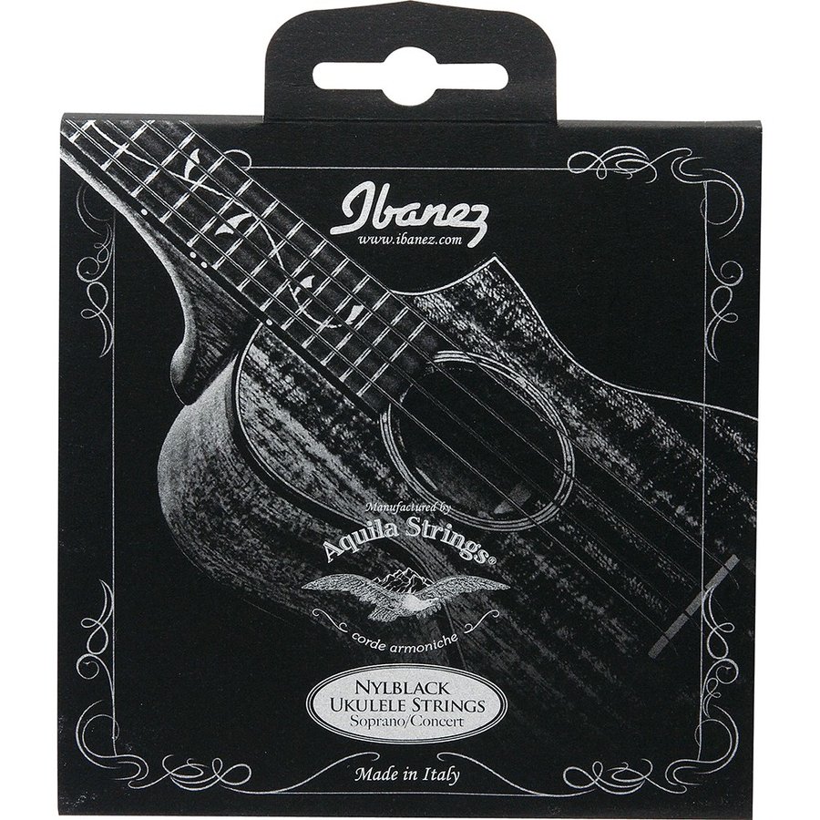 IBANEZ NBUKS4 ソプラノ・コンサート用 ウクレレ弦 アイバニーズ ブラックナイロン Aquila Strings（アクィーラ）とのコラボで生まれた、ブラック・ナイルガット弦 イタリア発のストリング・マニファクチャ―：Aquila の” Nylgut（ナイルガット）”シリーズは近年、その豊かな音量感と暖かみのある音色でウクレレ用リプレイス弦としての認知が急速に向上しました。Ibanez もこれまで多数のUEW ウクレレに採用しています。 一方巷には、Nylgut 同様のホワイトと並び、クリア、さらにブラックのウクレレ弦が多く見られますが、意外なことにAquila のラインナップにはこれまでブラック・カラーのウクレレ弦が存在しませんでした。このNylblack（ナイルブラック）は、Ibanez からAquila へのリクエストで誕生した、Nylgut のブラック・カラー・モデルです。 弦は弦楽器の音色、音量、音質、演奏感覚といった本来的な役割ともに、楽器に与える視覚的な役割も担ってくれる重要なアクセサリー、落ち着きのあるブラック・カラーのウクレレ弦がお好きな奏者に、是非おすすめしたい新製品です。 NBUKS4 Model Ibanez NYLBLACK UKULELE STRINGS manufactured by Aquila Strings 1st-A 2nd-B 3rd-C 4th-High G ゲージ .024.032.037.026 Tension(*) 4.1kg 3.5kg 3.3kg 3.7kg *Aquila 社公表値。375mm スケールでの場合。 FEATURE ・ ソプラノ/コンサート兼用のイタリア製 ”Aquila Nylblack” ウクレレ用弦（High G 仕様） ・ オリジナル・デザイン（Aquila Strings ロゴ・デザイン入り）ペーパー・パッケージ ・ Ibanez とAquila とのコラボレーション・アイテム ・ 各弦ビニル袋個装