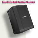 Bose S1 Pro Multi-Position PA system 1台でPAスピーカーとフロアモニター、楽器用アンプ、さらには音楽再生機として、 いつでもどこでもマルチに使えるオールインワン・ポータブルPAスピーカーです。 ミュージシャンによる弾き語りやDJプレイ用途はもちろんのこと、一般的なPA使用にも最適です。 路上ライブでのメインスピーカーやステージ上でのモニタースピーカー、自宅での楽器練習用アンプ、マイクが必要とされる各種イベントでのPAスピーカーなどあらゆる場面でプロフェッショナルサウンドを提供します。 -充実の3chミキサーを搭載- Ch1とCh2は、マイクや楽器を直接入力できるXLR/標準フォンのコンボジャックを採用し、リバーブ機能と音質をスイッチ一つで補正するToneMatch プロセッシングを搭載しています。マイクあるいはアコースティックギターに最適なEQに素早く切り替えます。また、オフに設定すればDJやキーボードなどライン入力にも最適です。 Ch3は、Bluetoothによるワイヤレスストリーミング再生と3.5mmのステレオミニ入力に対応しています。オケやBGMをモバイルデバイスからワイヤレス再生しながら、弾き語りやマイクパフォーマンスをするのに便利です。 -Auto EQ機能搭載で選べる4つの設置ポジション- 使い方に合わせて置き方を変えれば、すぐにベストなカバーエリアを提供します。さらに、置き方を変えても音質を均一にするAuto EQ機能を搭載しているので、あなたのサウンドを常に最高のものに保ちます。 路上ライブなどでは地面において後ろに傾ければ近距離に集まる聴衆に向けて最適なカバーエリアを提供します。横に倒して床に設置すれば、自身のサウンドをステージで確認するのに最適なフロアモニターとして使用できます。さらに、テーブルに置いて座っている観客に向けてサービスしたり、スタンドに立てて使用すれば、より広いカバーエリアに音を届けることができるので、一般的なPAシステムとしての使用やDJプレイに最適です。35mm径の一般的なスタンドに設置することが可能です。 - オプションのリチウムイオンバッテリーで究極のポータビリティを実現- オプションのリチウムイオンバッテリーを使用すれば、標準的な使用で4&#12316;6時間のモバイル駆動が可能です。電源のない場所でも長時間の使用に耐えます。さらに急速充電モードを使えば、2.5時間でフルチャージが可能です。 SPEC 定格出力 60W 再生周波数帯域（±3dB） 70Hz ? 16kHz 最大音圧レベル @ 1 m 103 db (109dB Peak) 指向特性 水平100°×垂直40° ユニット構成 2.25インチドライバー×3 6インチウーハー×1 入力端子 ch1、ch2：XLR・標準フォーンコンボ端子（バランス） ch3：Bluetooth接続、3.5Φステレオミニ（アンバランス） 出力端子 LINE OUT：標準フォーン端子（バランスTRSケーブル） 外形寸法 240(W) x 332(H) x 282(D) mm 質量 6.8kg 消費電力 150W（最大） 電源電圧 AC100&#12316;240V　50/60Hz カラー ブラック 付属品 AC電源ケーブル×1、スリップカバーx1 アクセサリー リチウムイオンバッテリー、バックパック