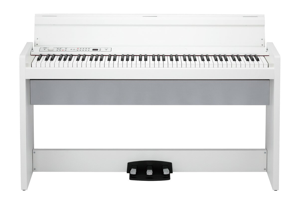 KORG LP-380WH スリムなデザインと高品位なサウンドを両立。キー・カバーが閉じたときのスタイルにまで気を配ったフラット・トップ・デザインを採用し、リアルなピアノ・サウンドを新設計の高出力アンプ／スピーカーでドライブ。コルグ最高峰のRH3鍵盤による表現力も備えた実力派。デジタル・ピアノ、LP-380。 スマートでスタイリッシュなデザインを追求 弾くのが楽しくなるリッチなピアノ音色 大きな音が出る高出力アンプ部 RH3（リアル・ウェイテッド・ハンマー・アクション3）鍵盤採用 従来機種よりも筐体やパッケージのダウン・サイズ、軽量化を実現 3本ペダルでハーフ・ダンパーにも対応 スタイリッシュなデザインを追求 LP-380は、インテリアにマッチするスタイリッシュなデザインを追及したデジタル・ピアノです。その奥行きはわずか26センチ（※転倒防止金具除く）と、スリムで置く場所を選びません。木製のキー・カバーは上面がフラットなデザインとなっており、演奏しない時間もエレガントにお部屋の中に溶け込むだけでなく、安全性にも配慮しゆっくりと閉まるソフト・ランディング・タイプを採用しています。スリムさやスタイリッシュさを追求しながらもしっかりと安定感のある筐体を持ち、さらにRH3鍵盤、3本のペダル、大口径のスピーカーなど、ピアノの弾き心地にも充分に配慮して、豊かなピアノ・サウンドを響かせます。お部屋の雰囲気にあわせて選べる「ブラック」と「ホワイト」の2つカラー・ バリエーションを用意しています。 弾くのが楽しくなるリッチなピアノ音色 アコースティック・ピアノに限りなく近い演奏フィーリングを実現するため、演奏の強弱に応じて4つのピアノ・サンプルを切り替え。繊細なタッチからダイナミックな演奏までリアルな音で応えます。特に「クラシック・ピアノ」と「グランド・ピアノ」では、アコースティック・ピアノ独特のダンパー・ペダルを踏み込んだときのリアルな響き（ダンパー・レゾナンス）も再現し、ピアノ音色全体でも「弾いて楽しい」「気持ち良い」音を実現しました。 本格的なエレクトリック・ピアノ音色 楽器メーカーとして譲れない部分、特にエレクトリック・ピアノ音色にも力を注ぎました。定番のエレクトリック・ピアノ音色では、タッチによる音色の違いだけでなく、キーオフのノイズまで再現。また60〜70年代のポップスで広く使われた音色や、ソウル・ミュージックで重宝された音色など、6種類のバリエーション音色を内蔵しています。 30種類の高品位サウンド ピアノ、エレクトリック・ピアノを含めて表現力豊かな高品質の音色を、30種類内蔵しています。また、同時に2つの音を重ねて演奏できるレイヤー・モードや、 鍵盤を左右で分けて同じ音域を2人で演奏できるパートナー・モードも搭載。本体の前後に1つずつヘッドホン端子を装備しているので、2人で演奏を楽しむこともできます。さらに音律のバリエーションも9種類内蔵し、古楽器アンサンブルなどにも対応しています。 3つのエフェクトを搭載 音色の明るさを調整できるブリリアンス、コンサート・ホールの自然な雰囲気（響き）をシミュレーションすることができるリバーブや、音の広がりを加えることができるコーラスの、3つのエフェクトを搭載しています。 大きな音が出る高出力アンプ部とスピーカー部 クラス最高の22 W x 2出力アンプを装備。余裕あるリッチなサウンドを実現し、豊かな低音からきらびやかな高音まで、表情豊かなピアノ音色をさらに豊かに響かせます。また、10 cm x 2の大口径スピーカーを搭載し、スピーカーをボックスの中に入れることで音を共鳴させ、より深みのある豊かなサウンドを実現しています。鍵盤下部にスピーカーを搭載することにより、サウンドがピアノ全体を包むような、よりリアルな響きが得られます。 心地よいタッチを実現、リアル・ウェイテッド・ハンマー・アクション3鍵盤 グランド・ピアノと同様に低音部では重く、高音部にいくほど軽くなるタッチを再現したリアル・ウェイテッド・ハンマー・アクション3（RH3）鍵盤を採用。連打性能を改善し、早いパッセージでも演奏者の表現力を損なうことなく再現します。環境にも配慮し、鍵盤のハンマー部に鉛を使用していません。また、タッチの強さによって3段階の音の出方を設定できるキー・タッチ・コントロール機能も搭載しており、自分のタッチに合わせて演奏を楽しめます。 従来機種よりも筐体やパッケージのダウン・サイズ、軽量化を実現 LP-380はユーザーによる設置や引っ越しのことも考慮し、従来製品（LP-350）より約5.0kgも軽量化して、運搬や移動が楽になったばかりでなく、組み立て時の安全性も向上しました。 LINE OUT端子 LINE OUT端子（ステレオ・ミニ・ジャック）を使って、アンプ付きスピーカーや録音機器などに接続することもできます。 ペダル効果 ピアノの演奏に欠かすことのできないペダルは、アコースティック・ピアノ同様にダンパーに加えソフト、ソステヌートを使うことができる3本ペダルを標準装備。ダンパー、ソフトはハーフ・ペダルにも対応しており、より細やかな表現が行えます。 MIDIの装備 電子楽器やコンピューターの間で、演奏情報のやりとりを行う統一規格MIDIを装備しています。MIDIを使うと、接続した機器間で相互にコントロールすることができ、本機を16パート・マルチ・ティンバー音源としても使用することができます。KORG LP-380WH スリムなデザインと高品位なサウンドを両立。キー・カバーが閉じたときのスタイルにまで気を配ったフラット・トップ・デザインを採用し、リアルなピアノ・サウンドを新設計の高出力アンプ／スピーカーでドライブ。コルグ最高峰のRH3鍵盤による表現力も備えた実力派。デジタル・ピアノ、LP-380。 スマートでスタイリッシュなデザインを追求 弾くのが楽しくなるリッチなピアノ音色 大きな音が出る高出力アンプ部 RH3（リアル・ウェイテッド・ハンマー・アクション3）鍵盤採用 従来機種よりも筐体やパッケージのダウン・サイズ、軽量化を実現 3本ペダルでハーフ・ダンパーにも対応 スタイリッシュなデザインを追求 LP-380は、インテリアにマッチするスタイリッシュなデザインを追及したデジタル・ピアノです。その奥行きはわずか26センチ（※転倒防止金具除く）と、スリムで置く場所を選びません。木製のキー・カバーは上面がフラットなデザインとなっており、演奏しない時間もエレガントにお部屋の中に溶け込むだけでなく、安全性にも配慮しゆっくりと閉まるソフト・ランディング・タイプを採用しています。スリムさやスタイリッシュさを追求しながらもしっかりと安定感のある筐体を持ち、さらにRH3鍵盤、3本のペダル、大口径のスピーカーなど、ピアノの弾き心地にも充分に配慮して、豊かなピアノ・サウンドを響かせます。お部屋の雰囲気にあわせて選べる「ブラック」と「ホワイト」の2つカラー・ バリエーションを用意しています。 弾くのが楽しくなるリッチなピアノ音色 アコースティック・ピアノに限りなく近い演奏フィーリングを実現するため、演奏の強弱に応じて4つのピアノ・サンプルを切り替え。繊細なタッチからダイナミックな演奏までリアルな音で応えます。特に「クラシック・ピアノ」と「グランド・ピアノ」では、アコースティック・ピアノ独特のダンパー・ペダルを踏み込んだときのリアルな響き（ダンパー・レゾナンス）も再現し、ピアノ音色全体でも「弾いて楽しい」「気持ち良い」音を実現しました。 本格的なエレクトリック・ピアノ音色 楽器メーカーとして譲れない部分、特にエレクトリック・ピアノ音色にも力を注ぎました。定番のエレクトリック・ピアノ音色では、タッチによる音色の違いだけでなく、キーオフのノイズまで再現。また60〜70年代のポップスで広く使われた音色や、ソウル・ミュージックで重宝された音色など、6種類のバリエーション音色を内蔵しています。 30種類の高品位サウンド ピアノ、エレクトリック・ピアノを含めて表現力豊かな高品質の音色を、30種類内蔵しています。また、同時に2つの音を重ねて演奏できるレイヤー・モードや、 鍵盤を左右で分けて同じ音域を2人で演奏できるパートナー・モードも搭載。本体の前後に1つずつヘッドホン端子を装備しているので、2人で演奏を楽しむこともできます。さらに音律のバリエーションも9種類内蔵し、古楽器アンサンブルなどにも対応しています。 3つのエフェクトを搭載 音色の明るさを調整できるブリリアンス、コンサート・ホールの自然な雰囲気（響き）をシミュレーションすることができるリバーブや、音の広がりを加えることができるコーラスの、3つのエフェクトを搭載しています。 大きな音が出る高出力アンプ部とスピーカー部 クラス最高の22 W x 2出力アンプを装備。余裕あるリッチなサウンドを実現し、豊かな低音からきらびやかな高音まで、表情豊かなピアノ音色をさらに豊かに響かせます。また、10 cm x 2の大口径スピーカーを搭載し、スピーカーをボックスの中に入れることで音を共鳴させ、より深みのある豊かなサウンドを実現しています。鍵盤下部にスピーカーを搭載することにより、サウンドがピアノ全体を包むような、よりリアルな響きが得られます。 心地よいタッチを実現、リアル・ウェイテッド・ハンマー・アクション3鍵盤 グランド・ピアノと同様に低音部では重く、高音部にいくほど軽くなるタッチを再現したリアル・ウェイテッド・ハンマー・アクション3（RH3）鍵盤を採用。連打性能を改善し、早いパッセージでも演奏者の表現力を損なうことなく再現します。環境にも配慮し、鍵盤のハンマー部に鉛を使用していません。また、タッチの強さによって3段階の音の出方を設定できるキー・タッチ・コントロール機能も搭載しており、自分のタッチに合わせて演奏を楽しめます。 従来機種よりも筐体やパッケージのダウン・サイズ、軽量化を実現 LP-380はユーザーによる設置や引っ越しのことも考慮し、従来製品（LP-350）より約5.0kgも軽量化して、運搬や移動が楽になったばかりでなく、組み立て時の安全性も向上しました。 LINE OUT端子 LINE OUT端子（ステレオ・ミニ・ジャック）を使って、アンプ付きスピーカーや録音機器などに接続することもできます。 ペダル効果 ピアノの演奏に欠かすことのできないペダルは、アコースティック・ピアノ同様にダンパーに加えソフト、ソステヌートを使うことができる3本ペダルを標準装備。ダンパー、ソフトはハーフ・ペダルにも対応しており、より細やかな表現が行えます。 MIDIの装備 電子楽器やコンピューターの間で、演奏情報のやりとりを行う統一規格MIDIを装備しています。MIDIを使うと、接続した機器間で相互にコントロールすることができ、本機を16パート・マルチ・ティンバー音源としても使用することができます。