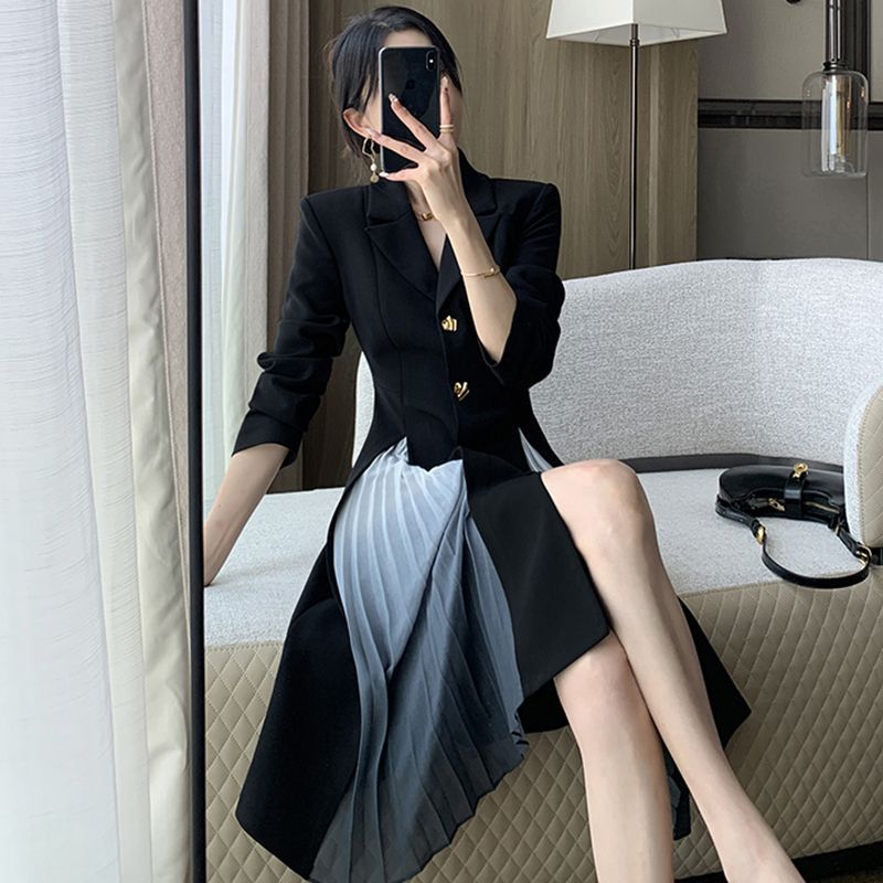 Rakuten - 春 秋 通勤 スタイル 黒 スーツ風 ワンピース 長袖 おしゃれ 美シルエット