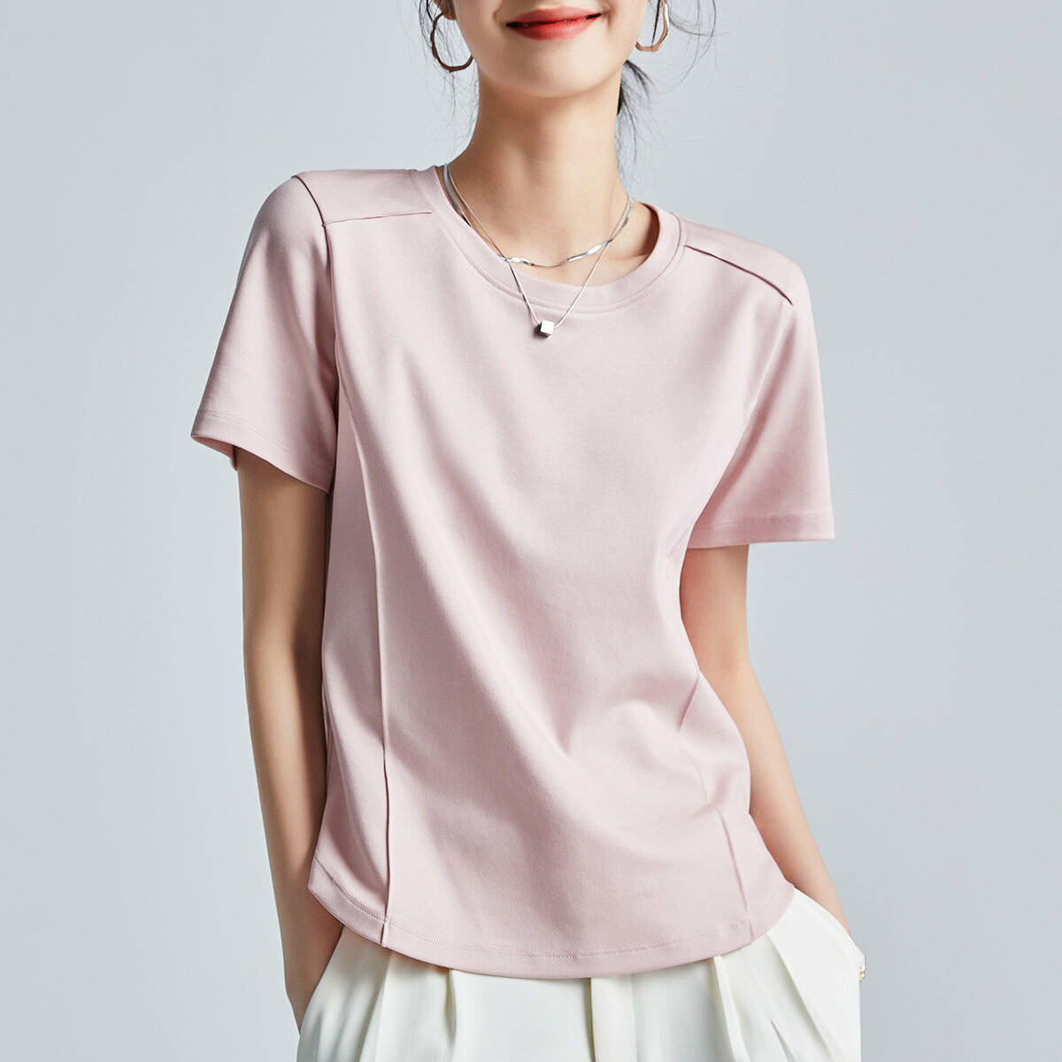 液体アンモニア加工 シルク混コットン半袖Tシャツ 丸首ベーシック