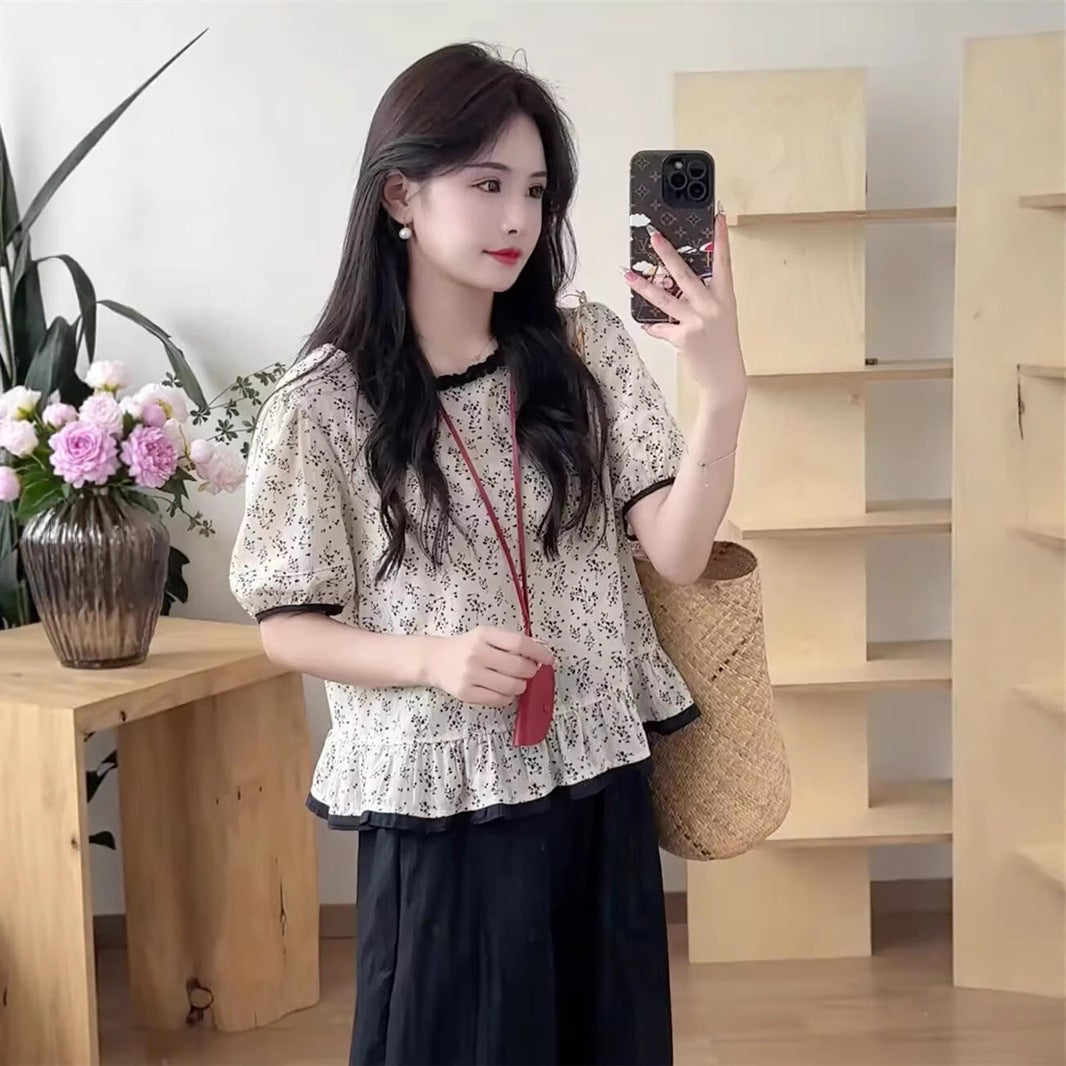 Rakuten - フレンチガーリースタイル 花柄ゆったり半袖トップス 気質デザイン