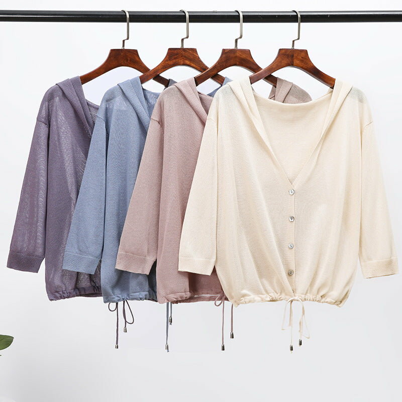Linen, Hemp - UV対策 カーディガン レディース 春夏 薄手 フード付き 綿麻 ゆったり 長袖 ホワイト アプリコット フリーサイズ 体型カバー きれいめ