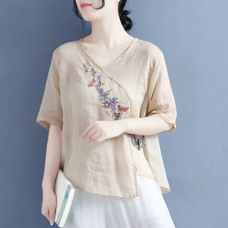 Rakuten - フラワー刺繍 レディース 夏 綿麻 カットソー 半袖 アプリコット M-3XL