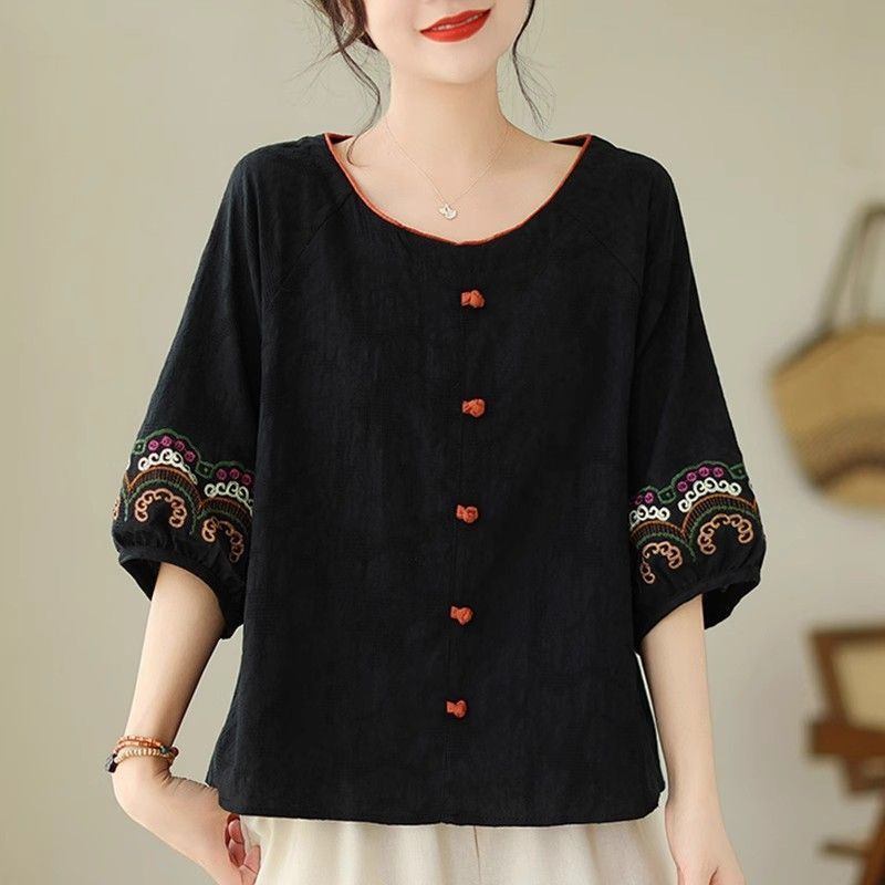 Rakuten - レディース 刺繍トップス 夏用 ブラック M-3XL