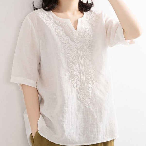 Rakuten - フラワー刺繍 カットソー レディース 夏 コットン ホワイト M-3XL