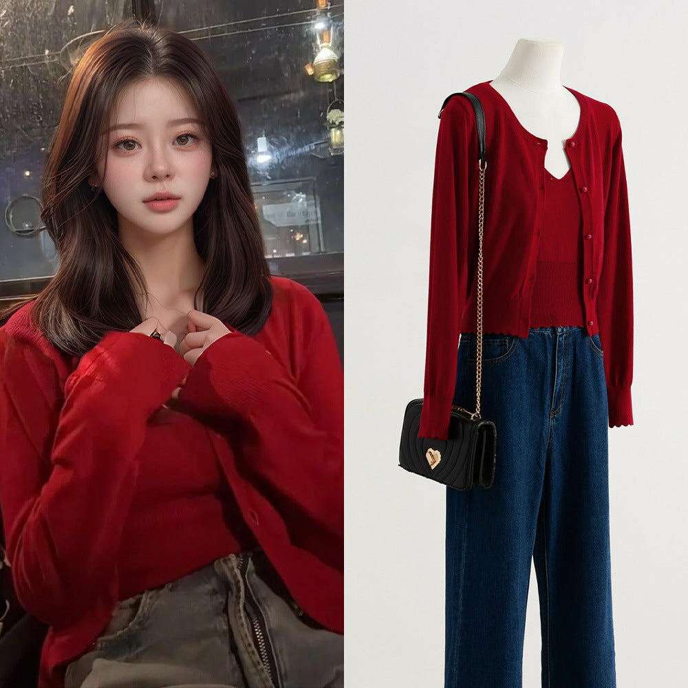 樂天商城 - ウールアクリル混 カーディガン ベスト レディース 秋冬 レッド S