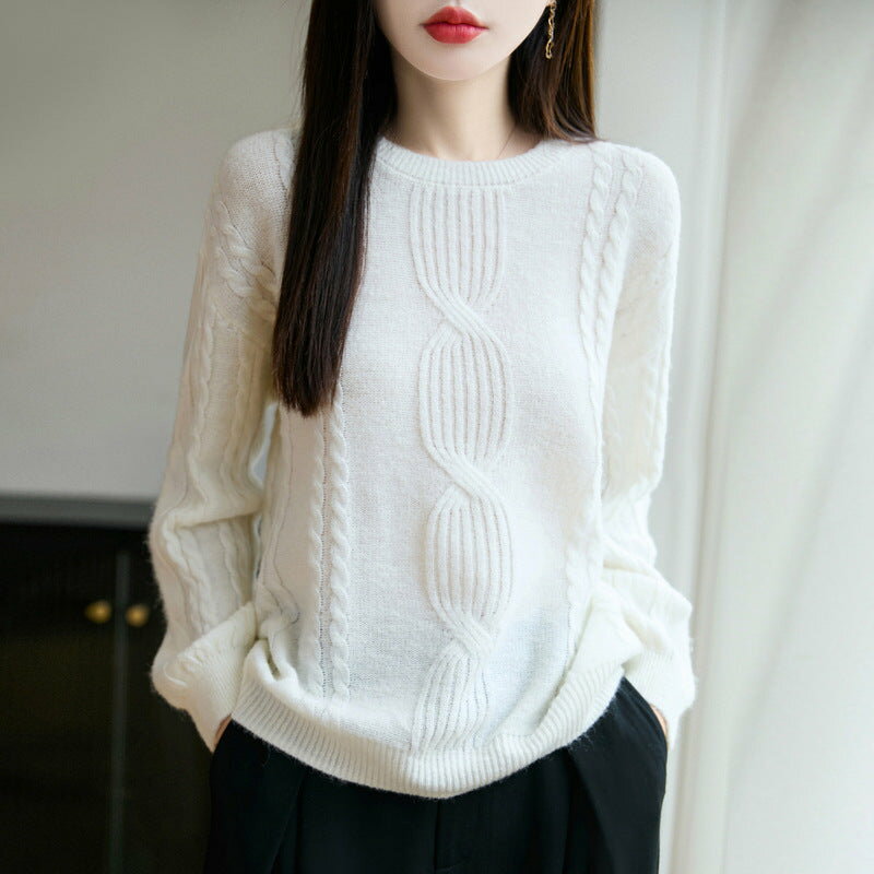 樂天商城 - ケーブル編み ニット セーター ウール混 きれいめ オフィス 通勤_レディース_秋冬_長袖 ゆったり 軽やか 上品_オフホワイト_M