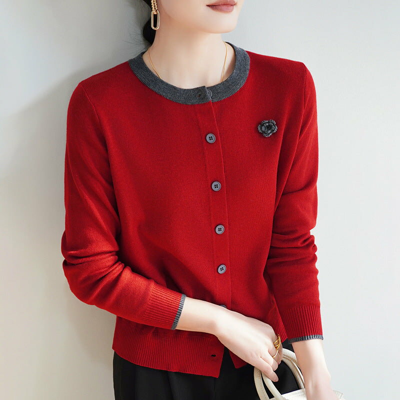 配色クルーネック ニット カーディガン_レディース_秋冬_長袖 羽織 2way 上品 きれいめ オフィス 通勤 軽やか 暖か ウール混_レッド_M-L-XL