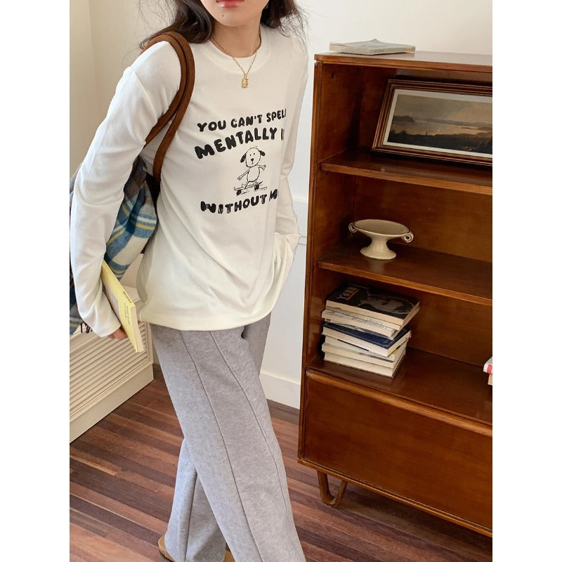 Rakuten - ロゴ イラスト プリント 長袖 Tシャツ レディース 春秋 ゆったり 体型カバー モノトーン ホワイト フリー ダークグレー フリー ライトグレー フリー